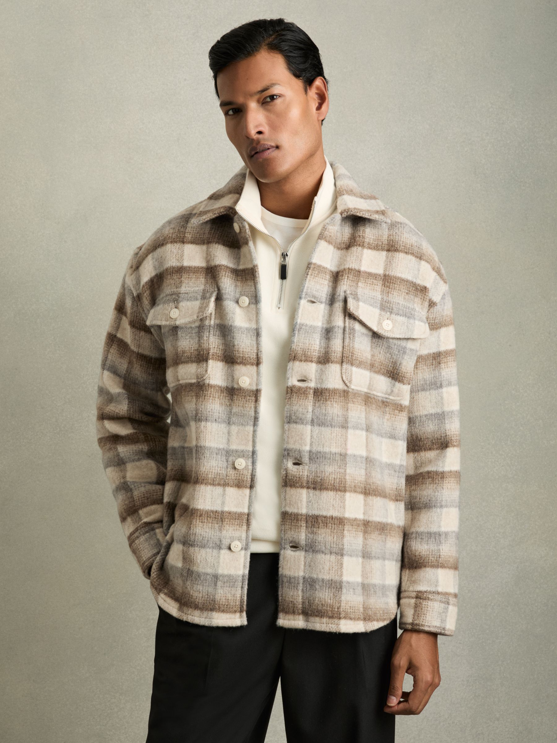 Geborstelde Wol-Blend Ruit Overshirt in Havermout - Afbeelding 3 van 6