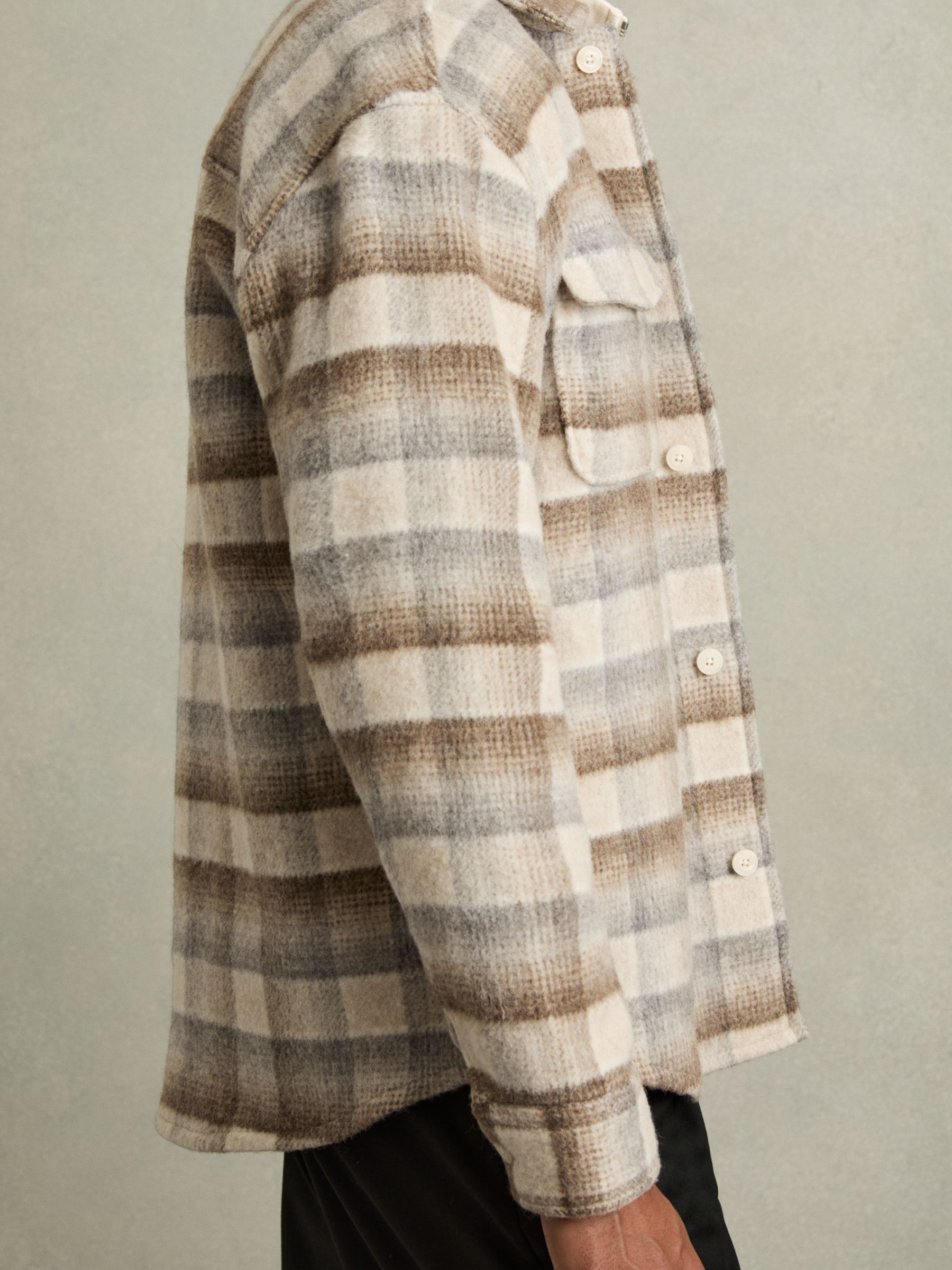 Geborstelde Wol-Blend Ruit Overshirt in Havermout - Afbeelding 4 van 6