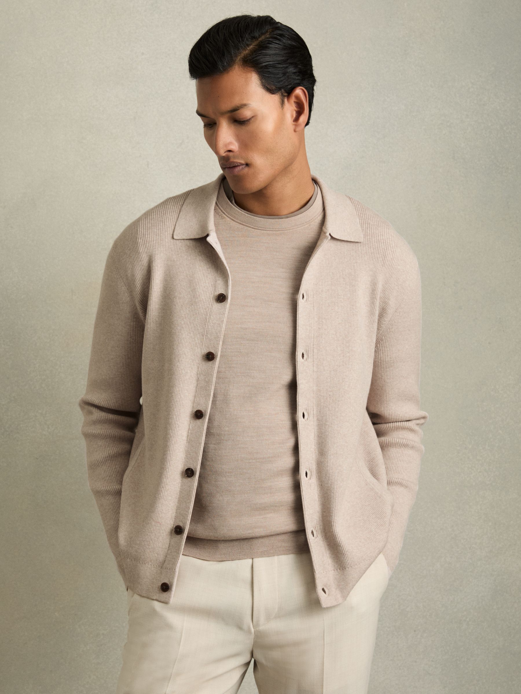 Fine-Ribbed Button-Through Cardigan in Oatmeal Melange - Image 1 of 6