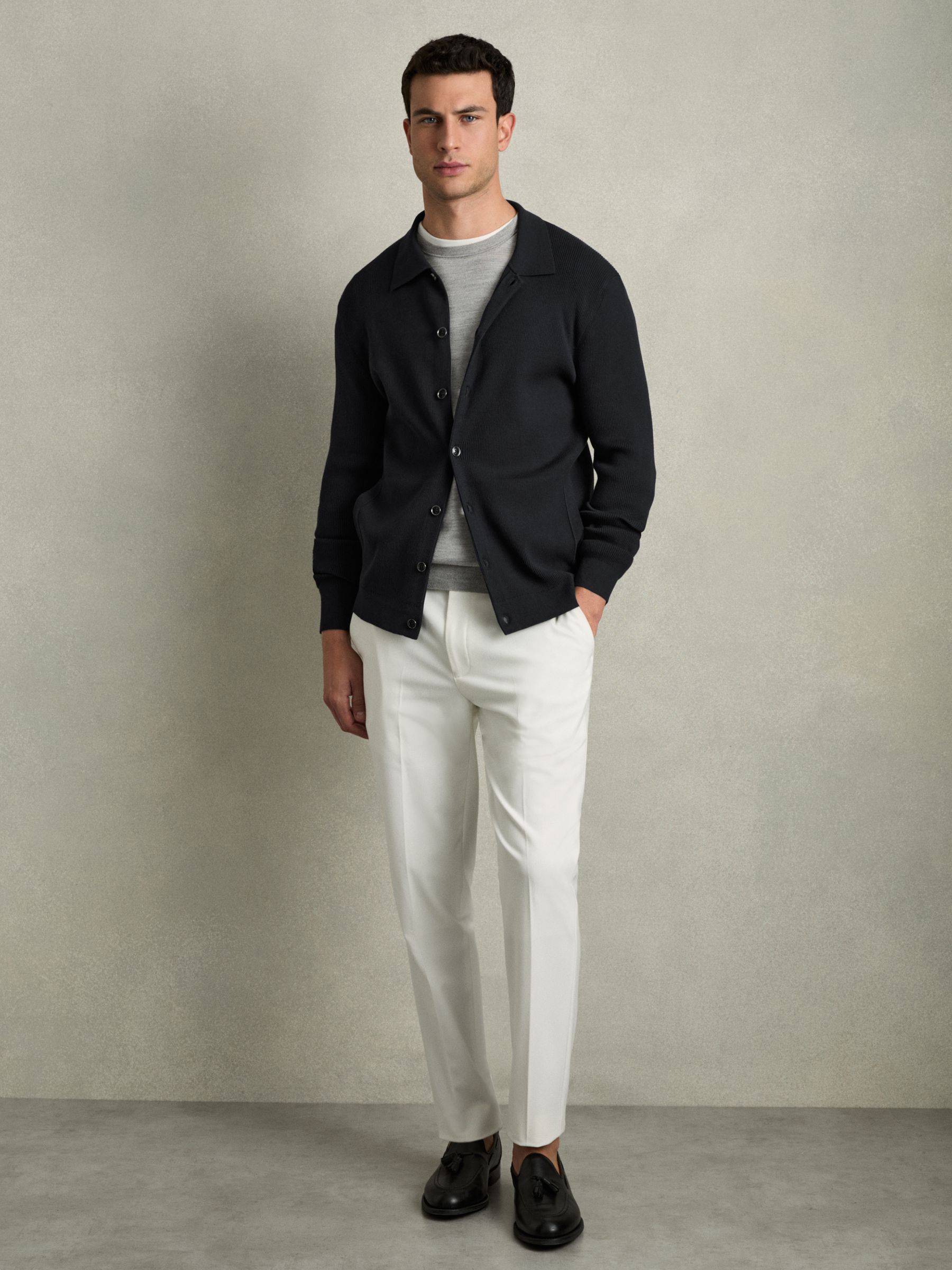 Fine-Ribbed Button-Through Cardigan in Navy - Image 3 of 7