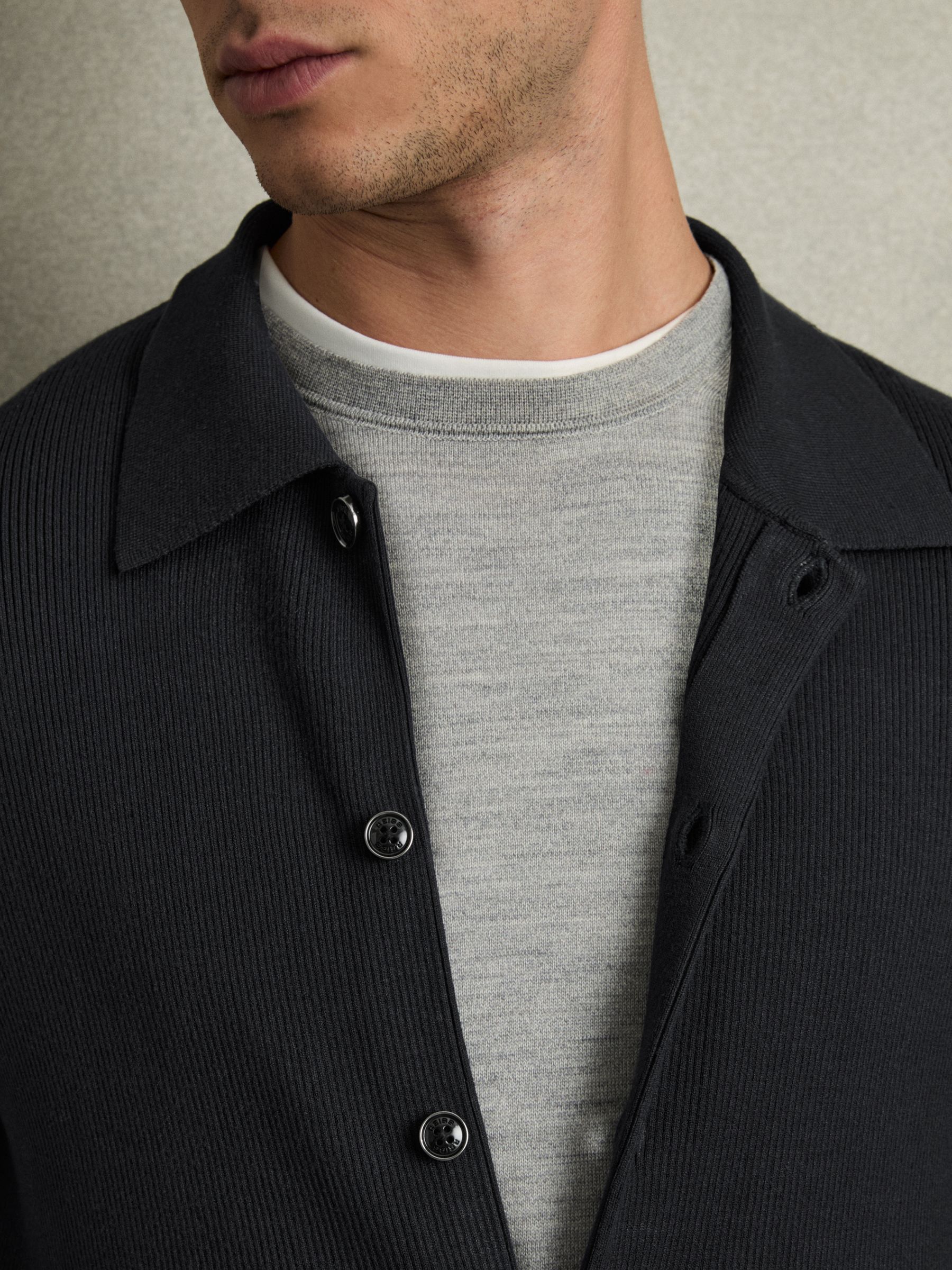 Fine-Ribbed Button-Through Cardigan in Navy - Image 6 of 7