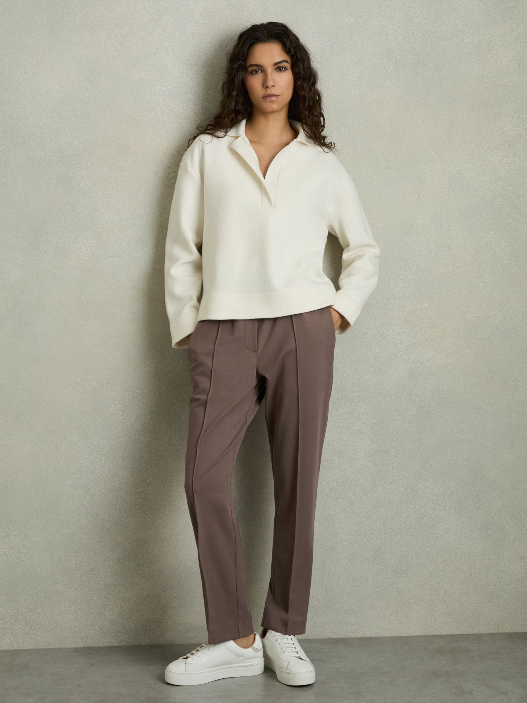 Elasticated-Waistband Tapered Trousers in Mink Neutral - Image 1 of 6