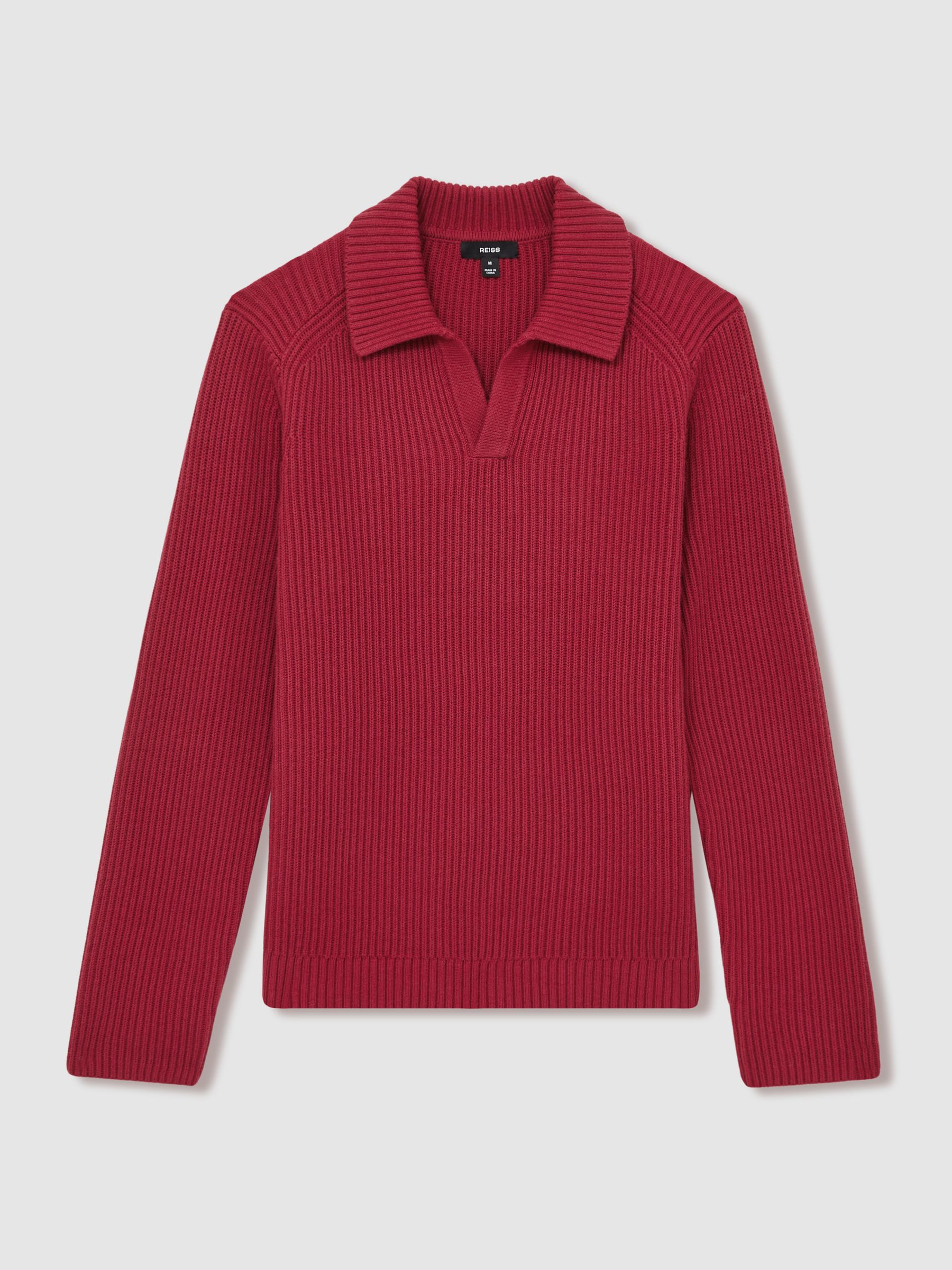 Rib Knit Open Collar Polo Shirt in Red - Image 2 of 6