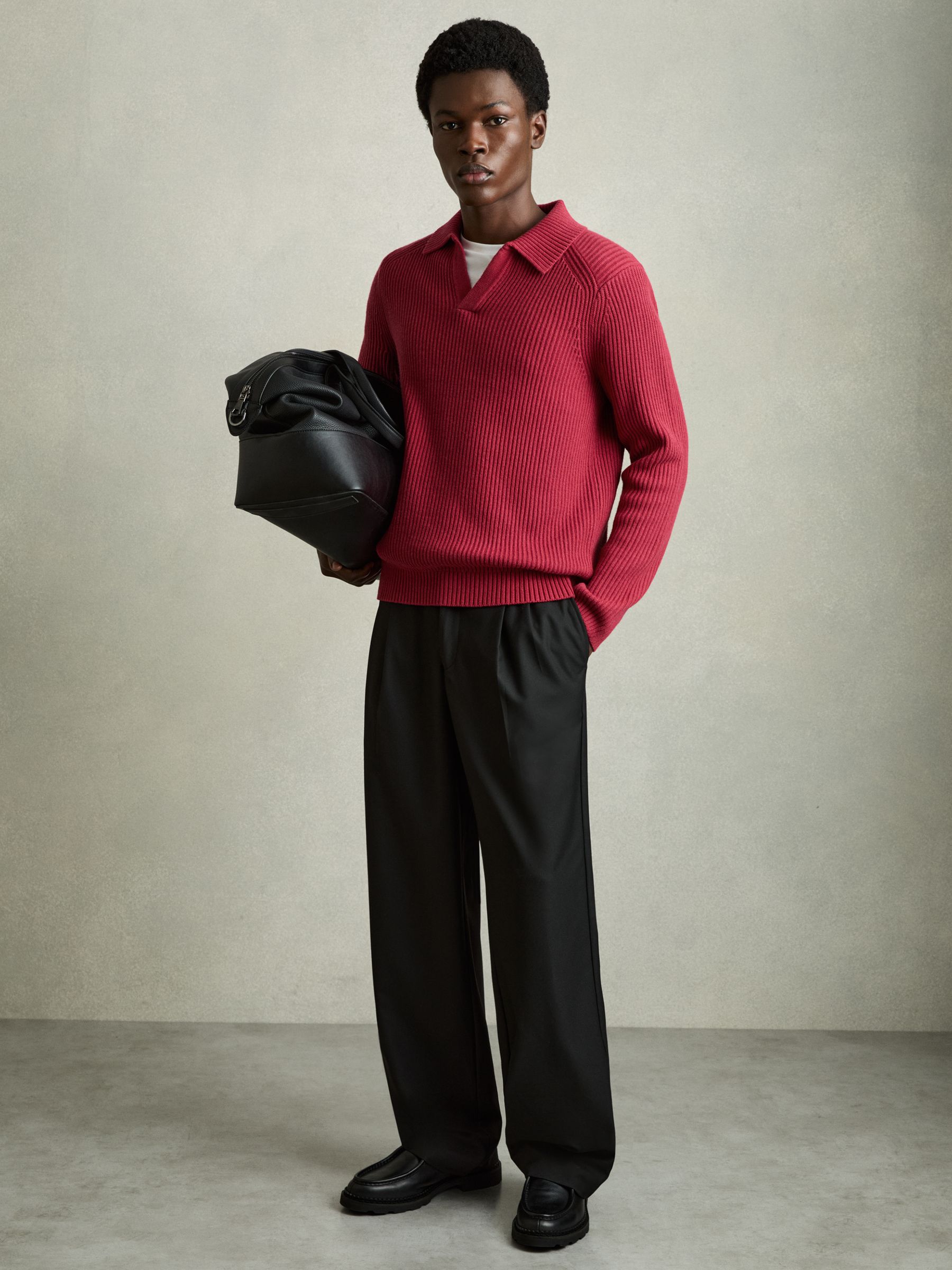 Rib Knit Open Collar Polo Shirt in Red - Image 3 of 6
