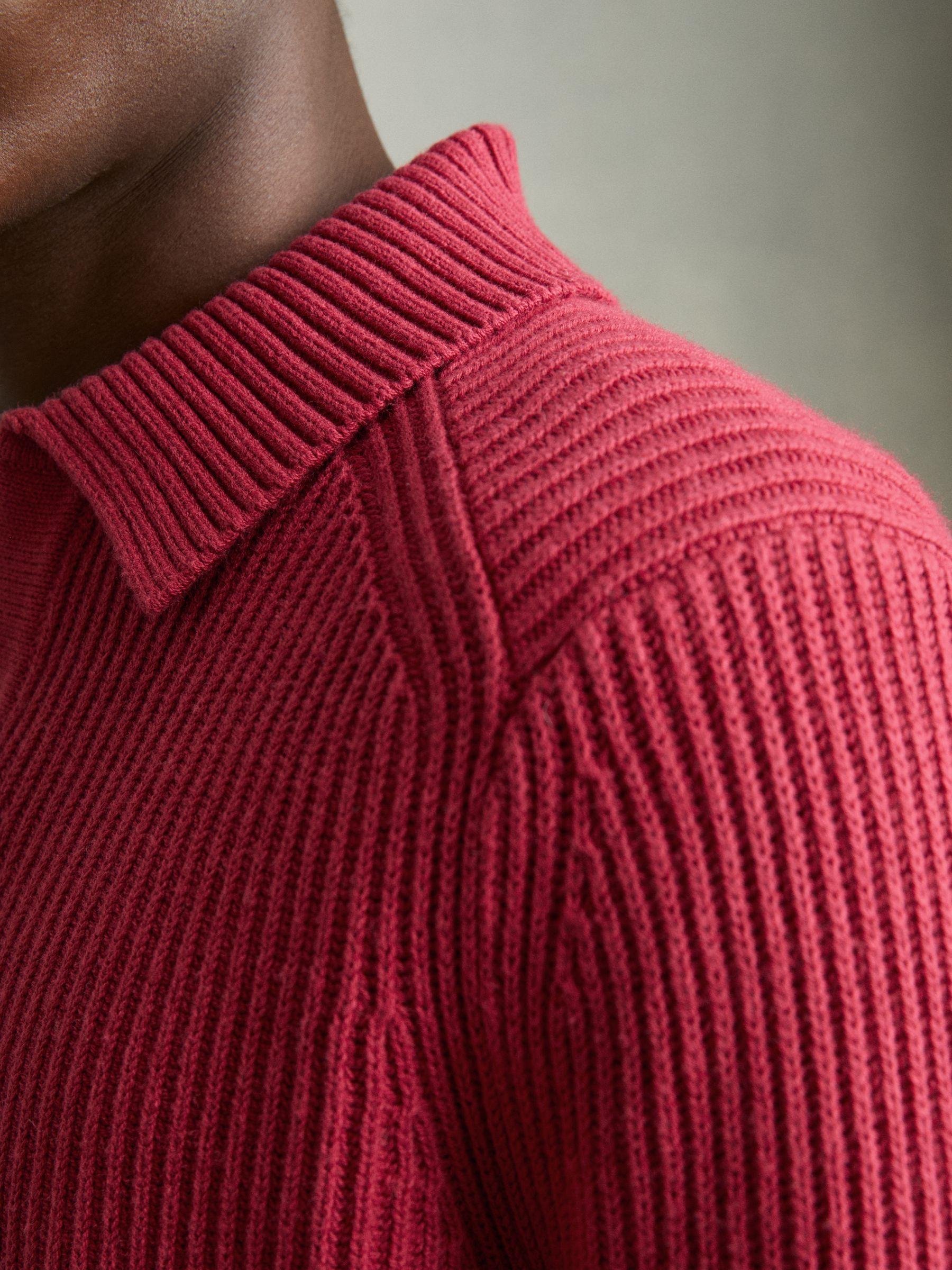 Rib Knit Open Collar Polo Shirt in Red - Image 4 of 6