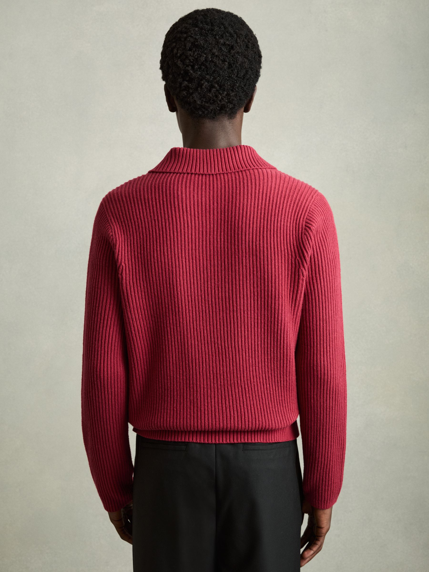 Rib Knit Open Collar Polo Shirt in Red - Image 5 of 6
