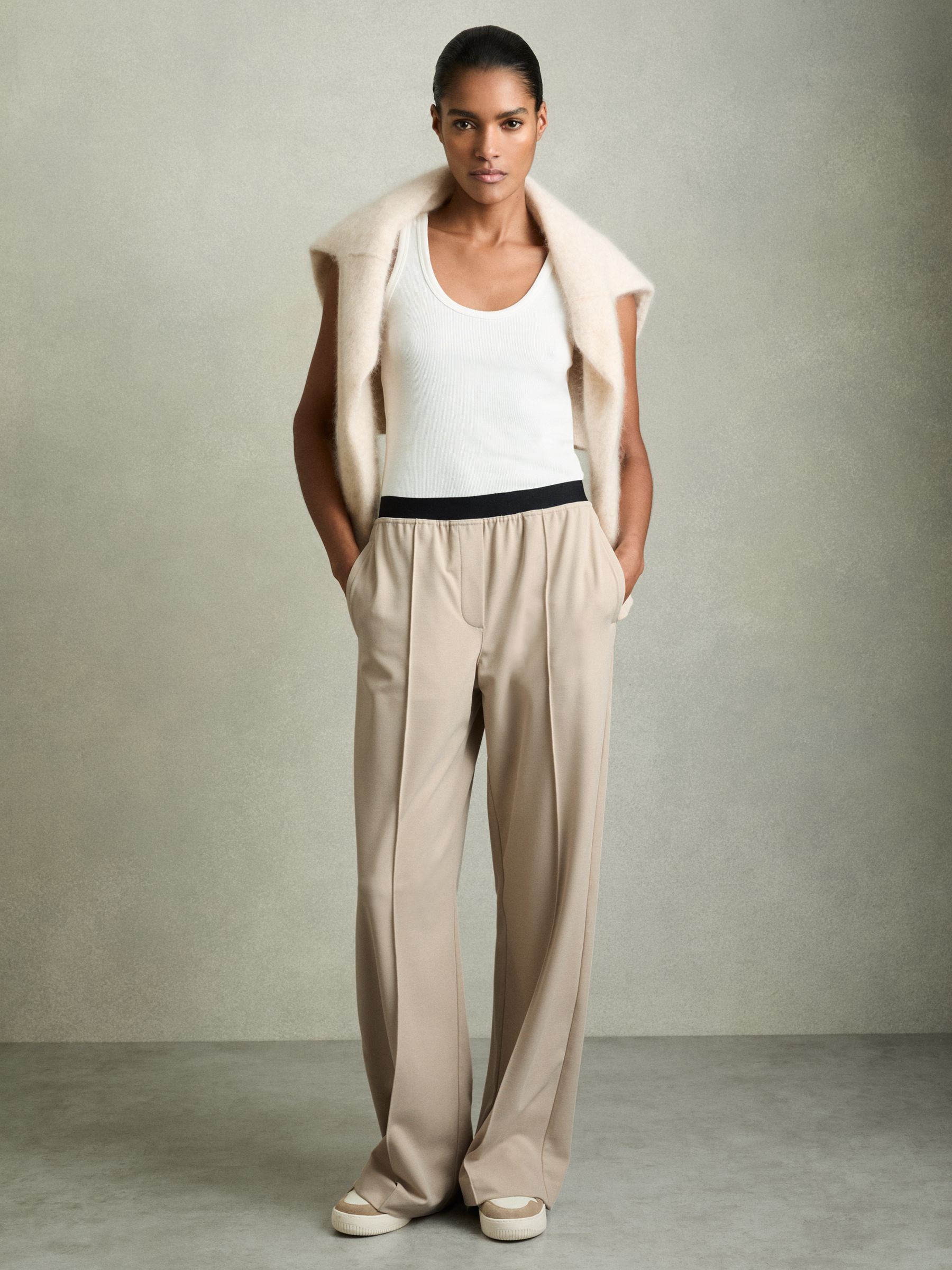 Petite Wide-Leg Elasticated-Waistband Trousers in Neutral - Image 1 of 7