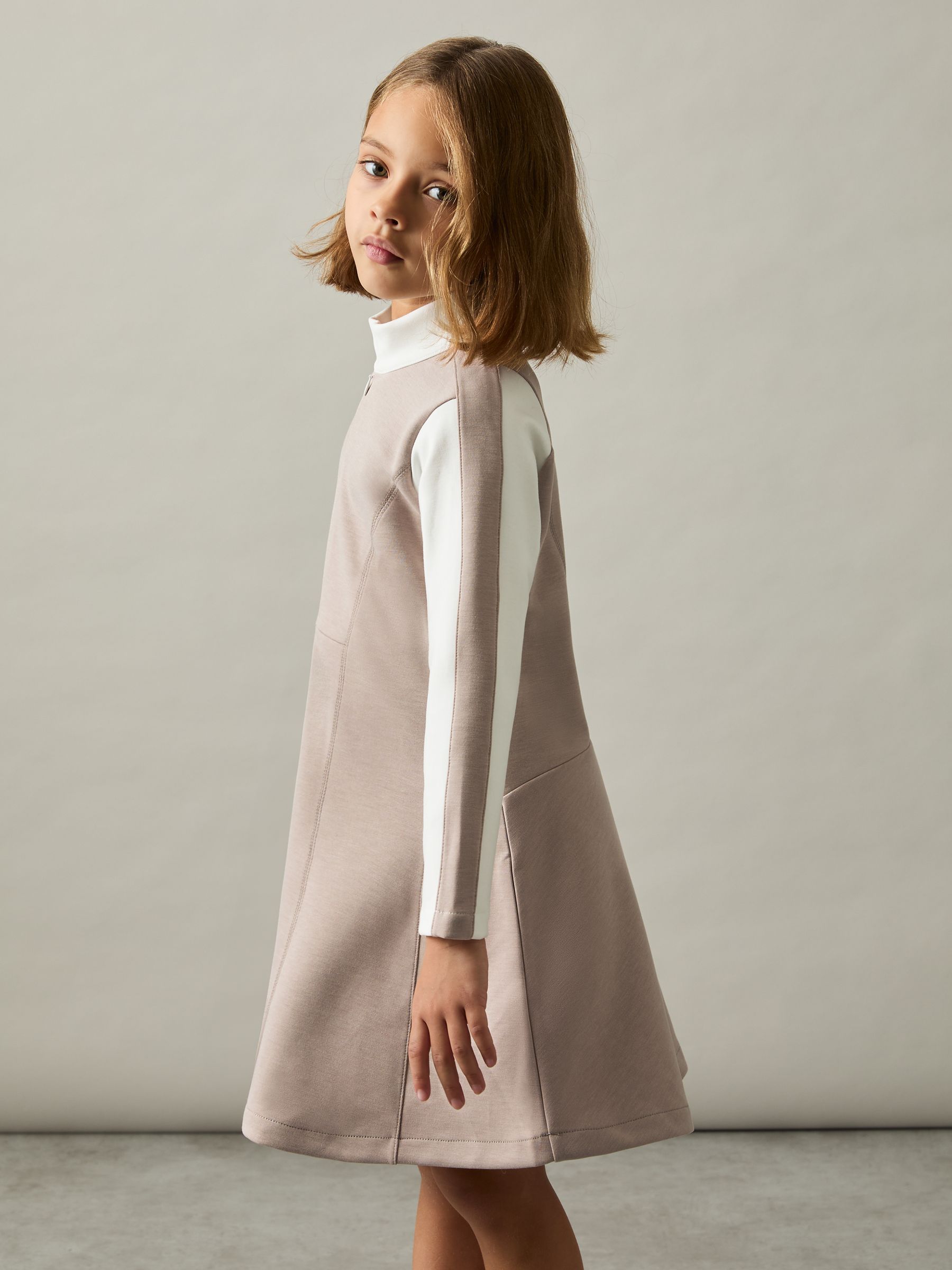 13-14 yrs Jersey Contrast-Stitch Flared Dress in Ecru - Image 3 of 4