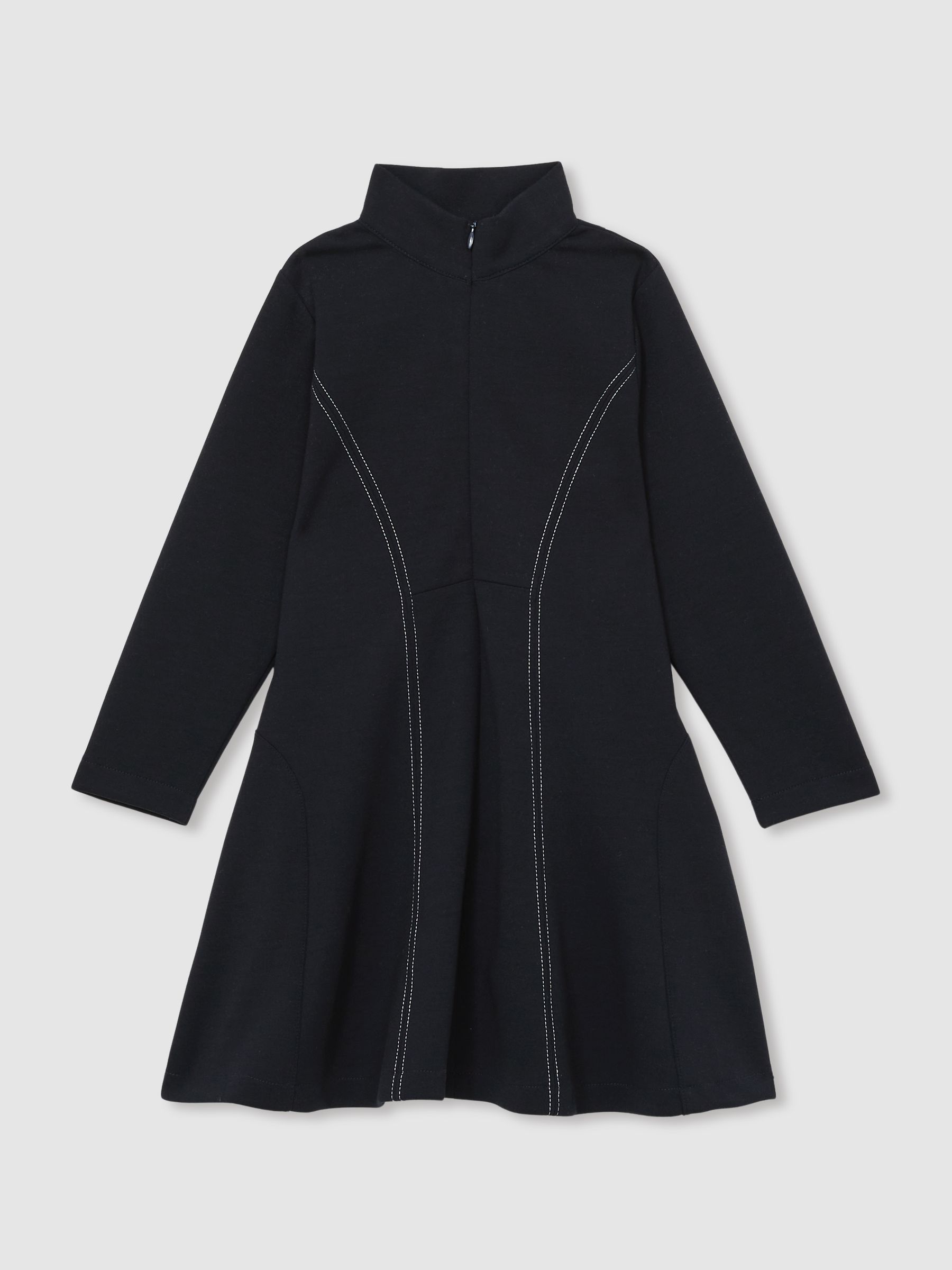 13-14 yrs Jersey Contrast-Stitch Flared Dress in Navy - Image 1 of 4