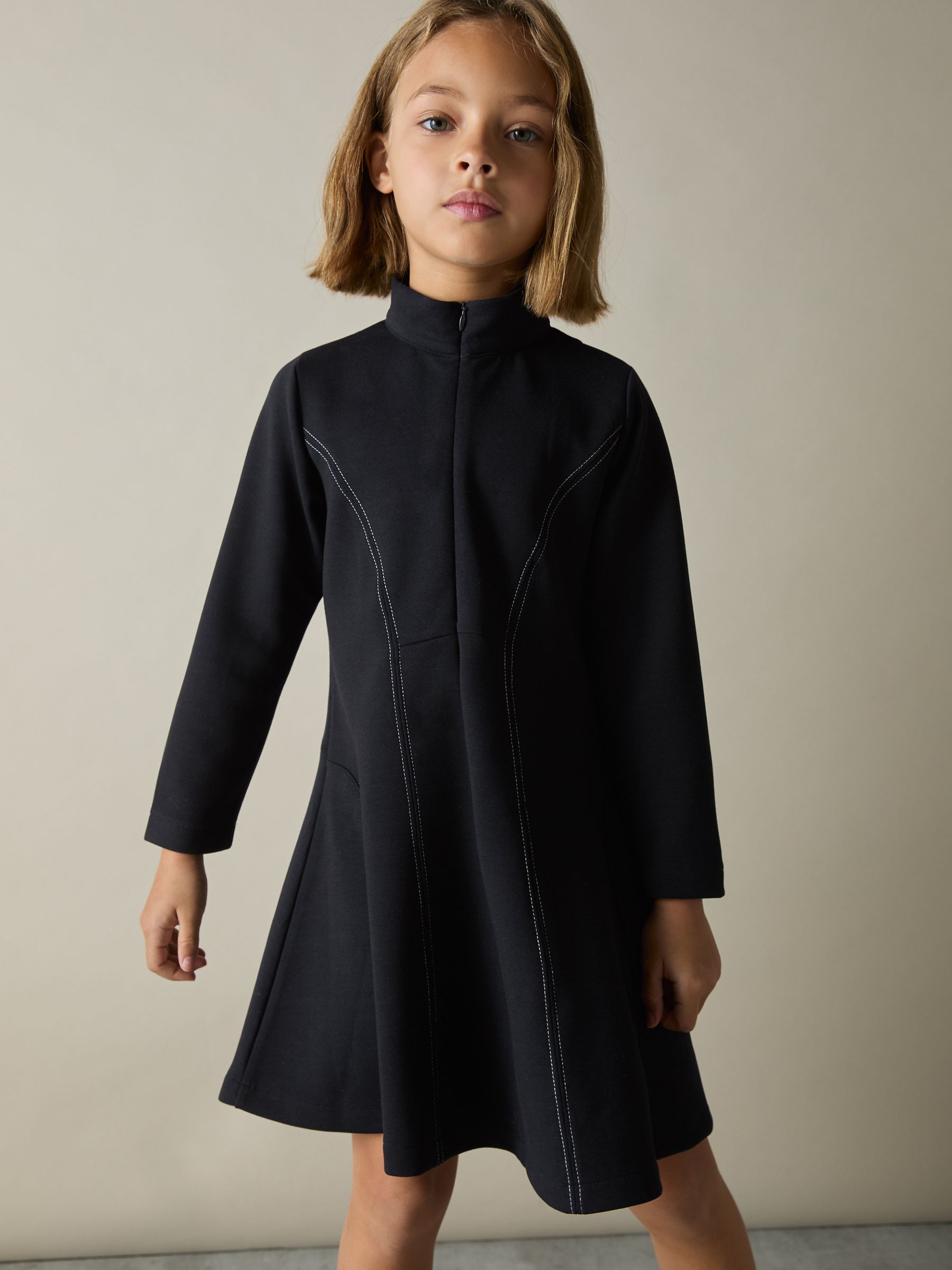 13-14 yrs Jersey Contrast-Stitch Flared Dress in Navy - Image 2 of 4