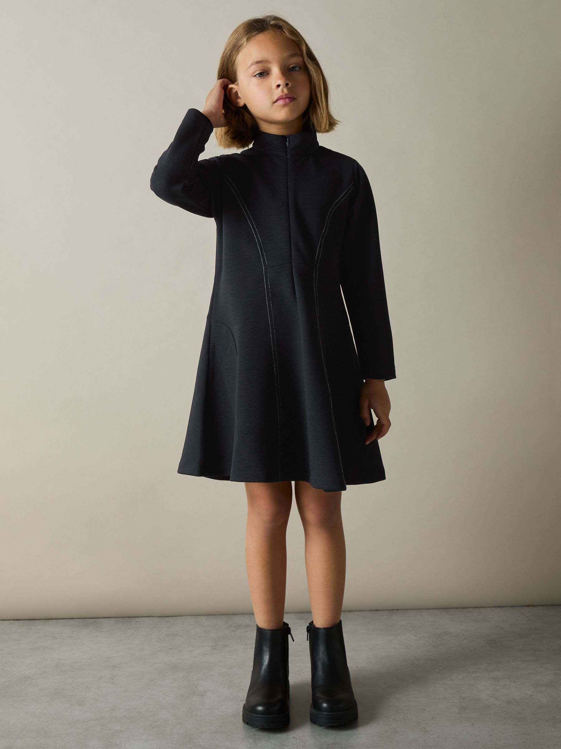 13-14 yrs Jersey Contrast-Stitch Flared Dress in Navy - Image 3 of 4