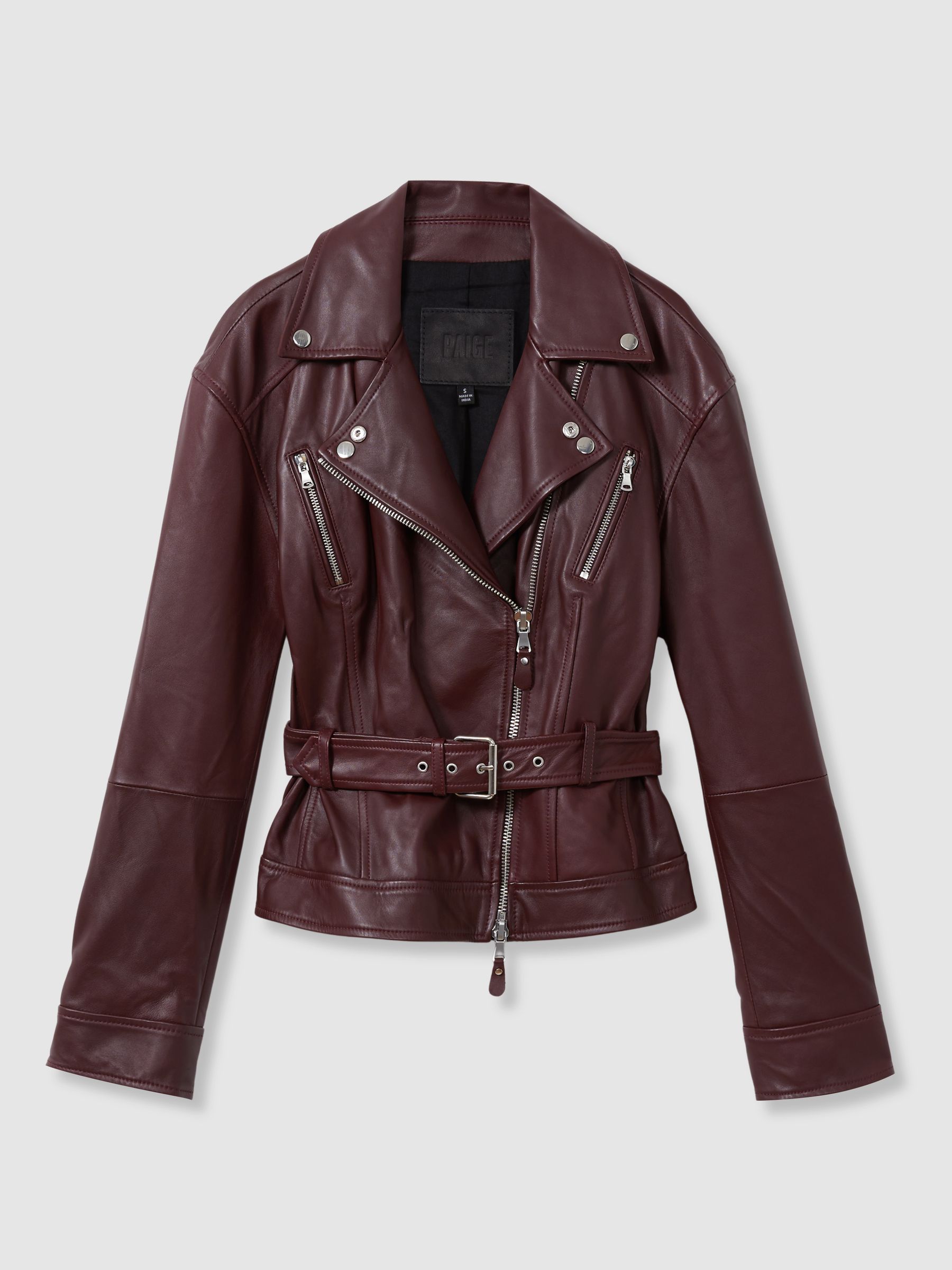 Paige Leather Belted Moto Jacket in Dark Oxblood - Image 2 of 5