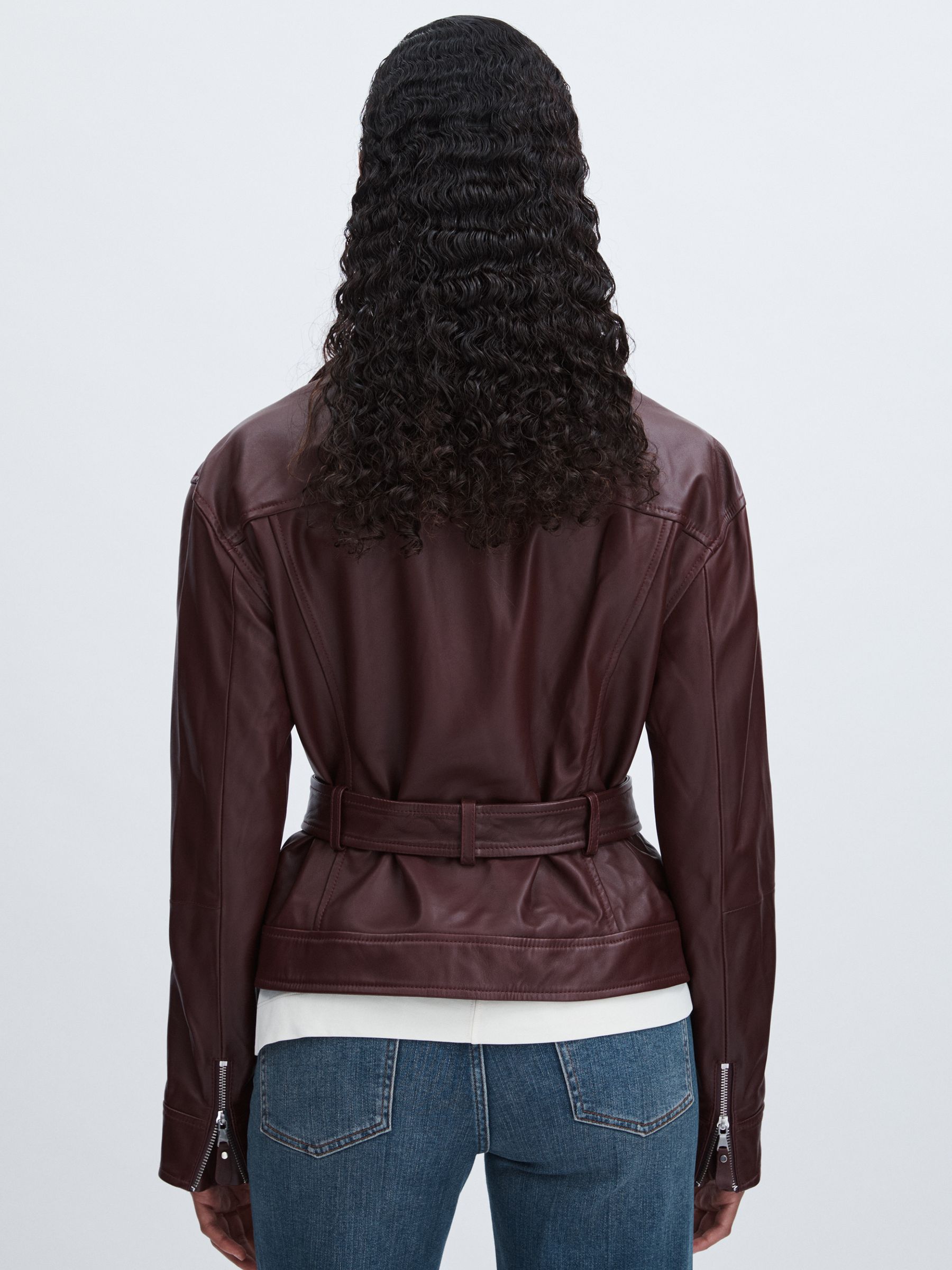 Leather Belted Moto Jacket in Dark Oxblood - image 3