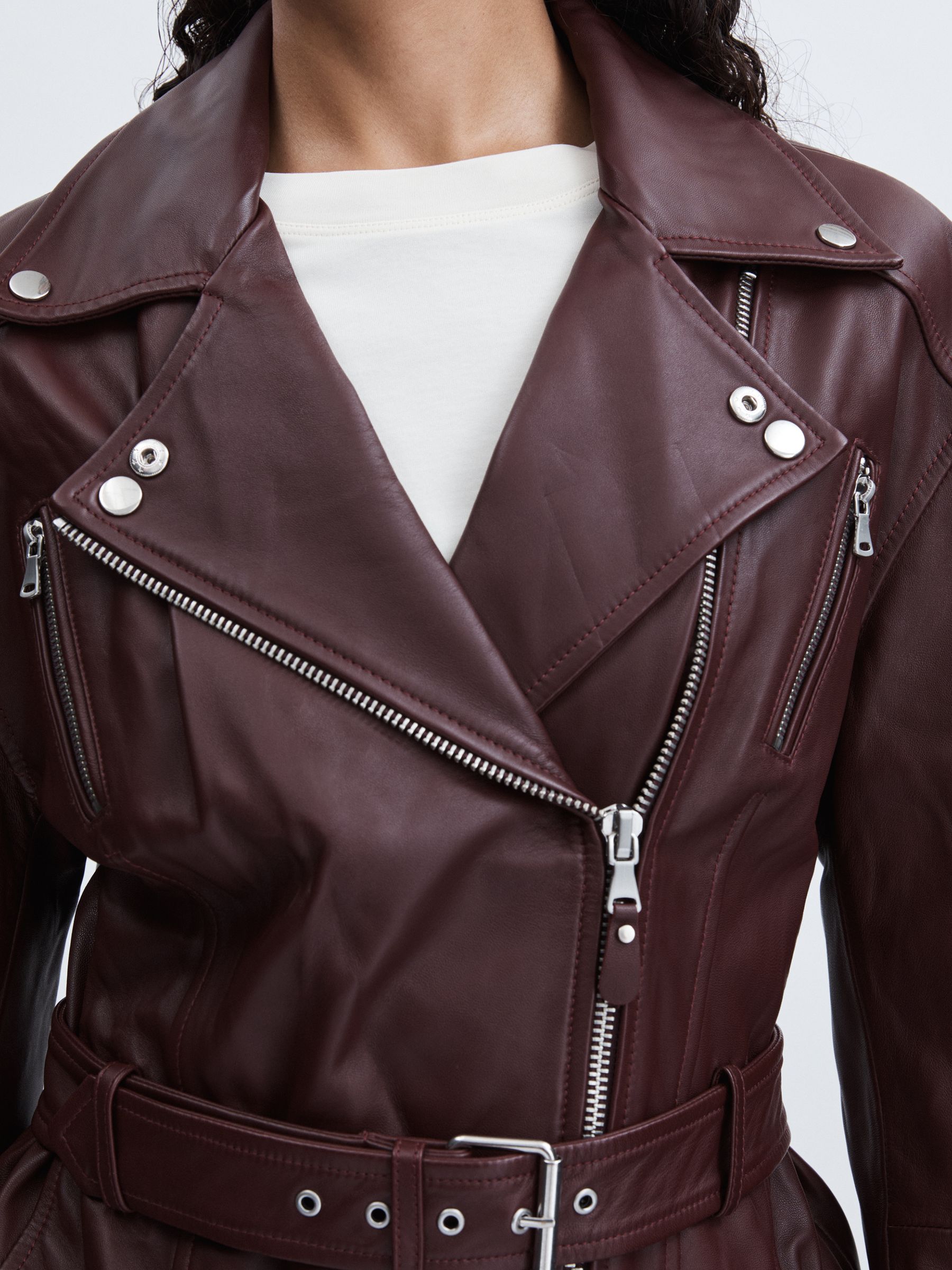 Paige Leather Belted Moto Jacket in Dark Oxblood - Image 4 of 5