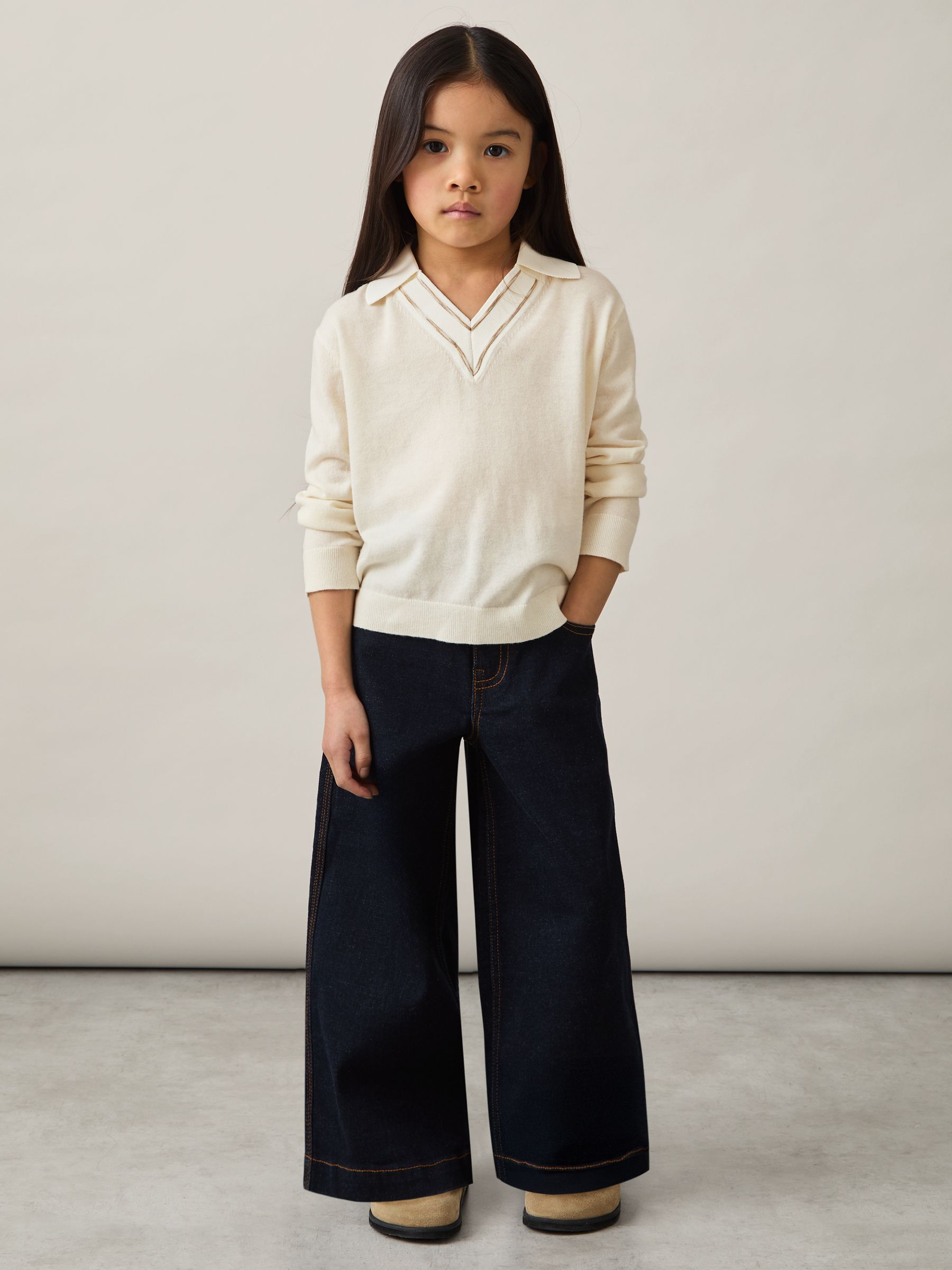 13-14 yrs Wool Collared Cricket Jumper in Ivory - Image 2 of 4