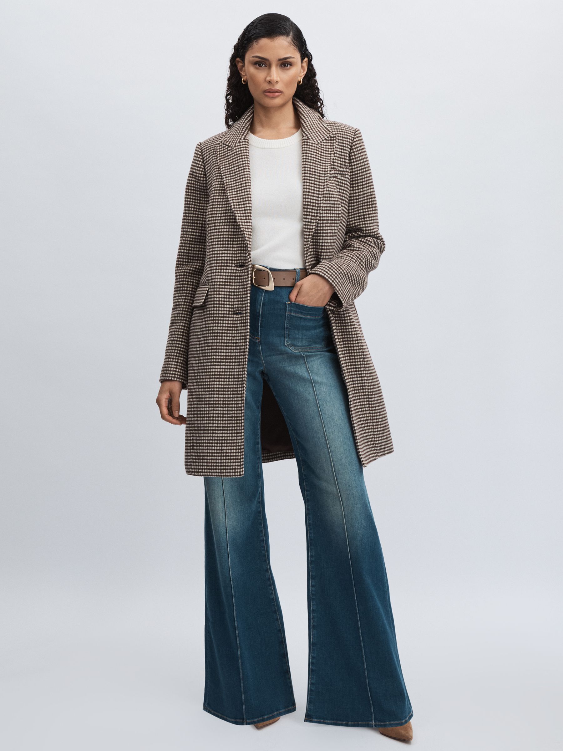 Paige Single Breasted Houndstooth Check Coat in Chocolate Brown - Image 3 of 6