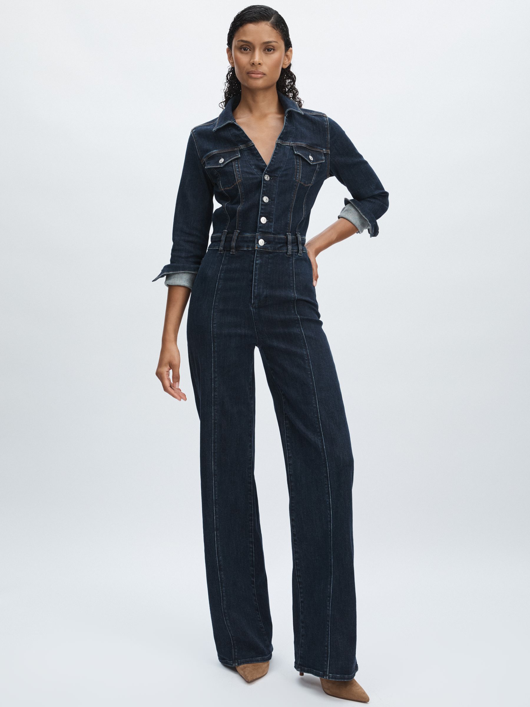 Paige Peregrine Blue Stretch-Cotton Denim Jumpsuit in Peregrine Blue - Image 3 of 6