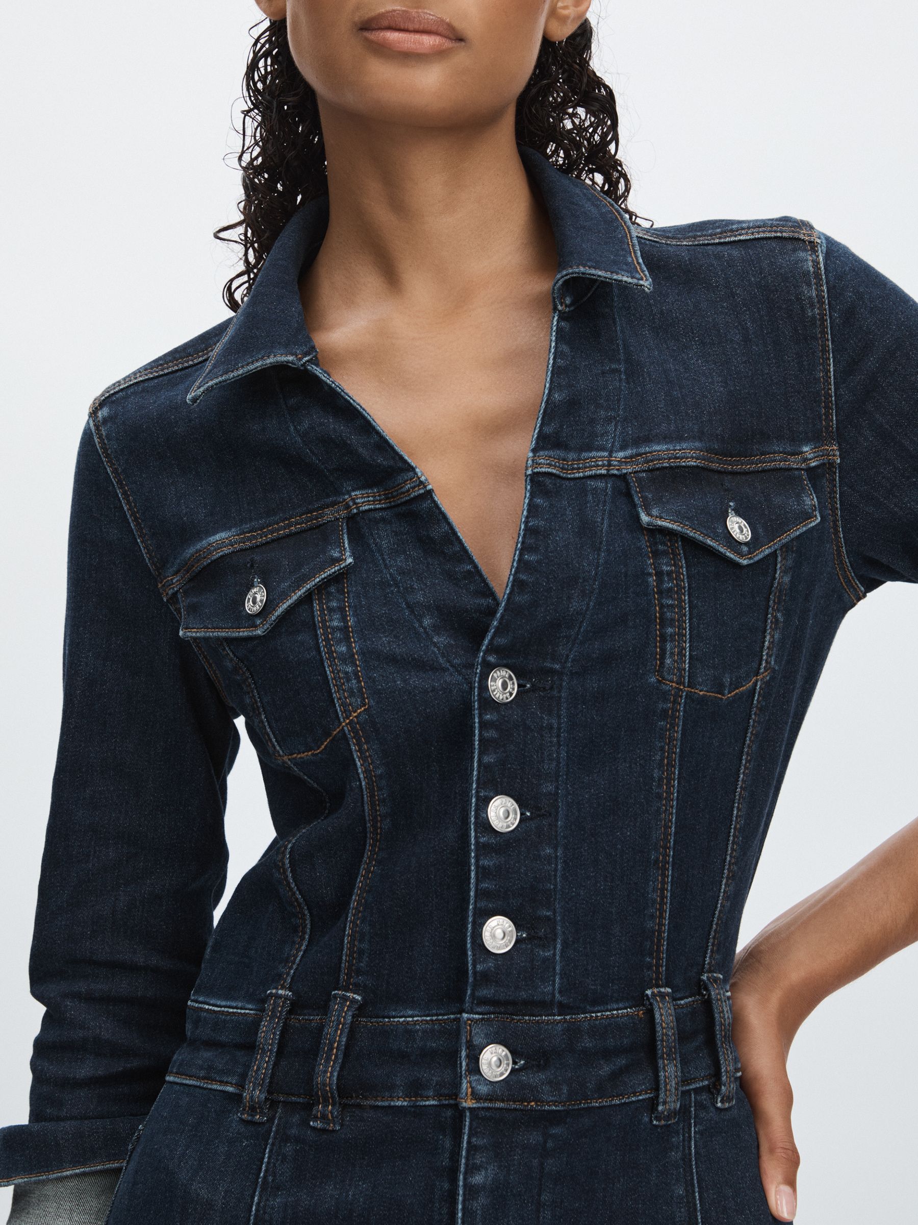 Paige Peregrine Blue Stretch-Cotton Denim Jumpsuit in Peregrine Blue - Image 4 of 6