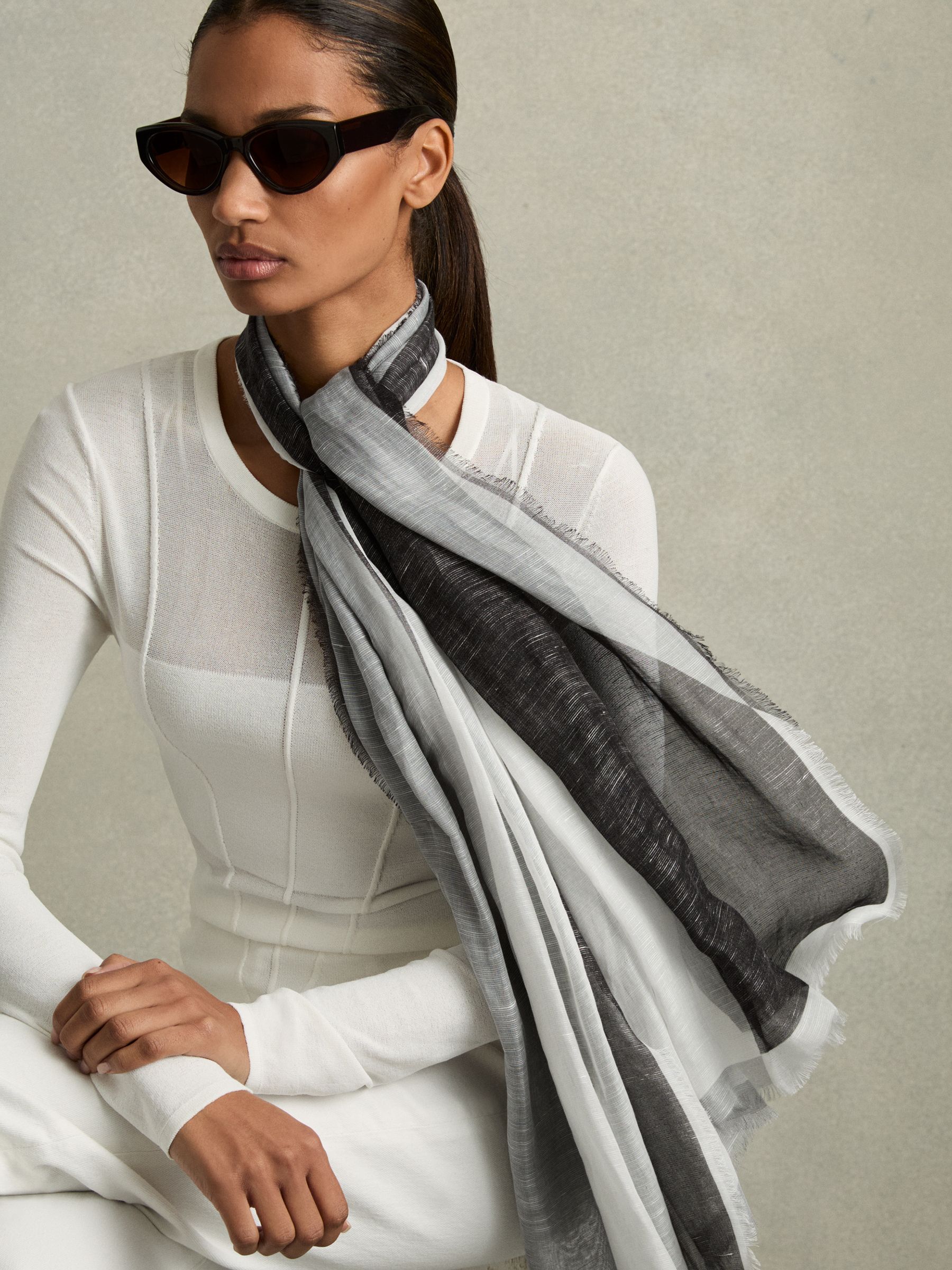 Linen-Blend Printed Scarf in Grey/White - Image 2 of 4