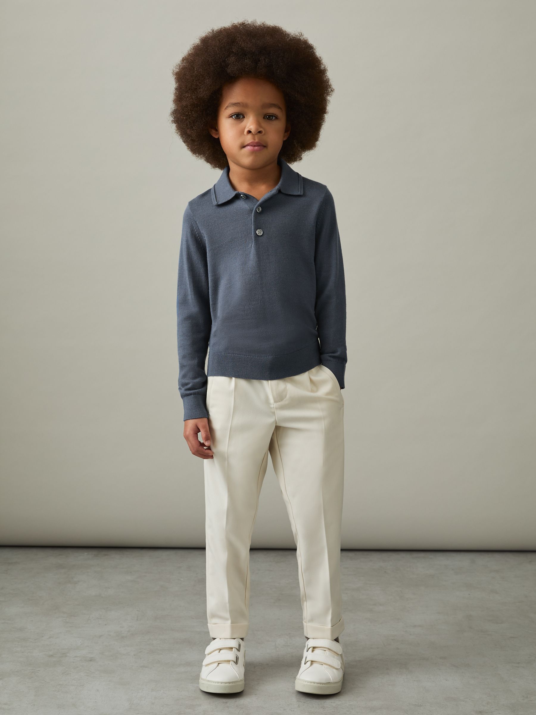 3-9 yrs Merino Wool Polo Shirt in Airforce Blue - Image 1 of 4