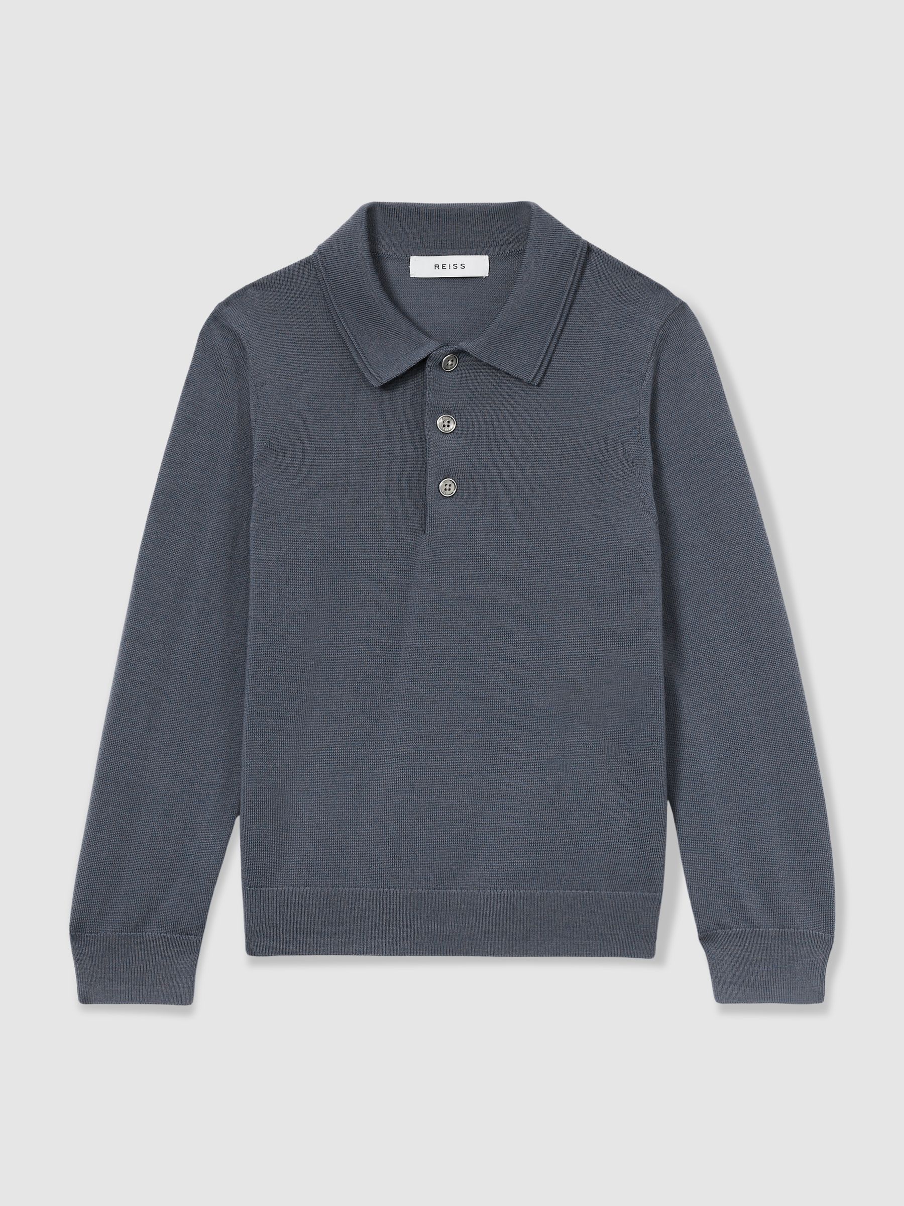 3-9 yrs Merino Wool Polo Shirt in Airforce Blue - Image 2 of 4