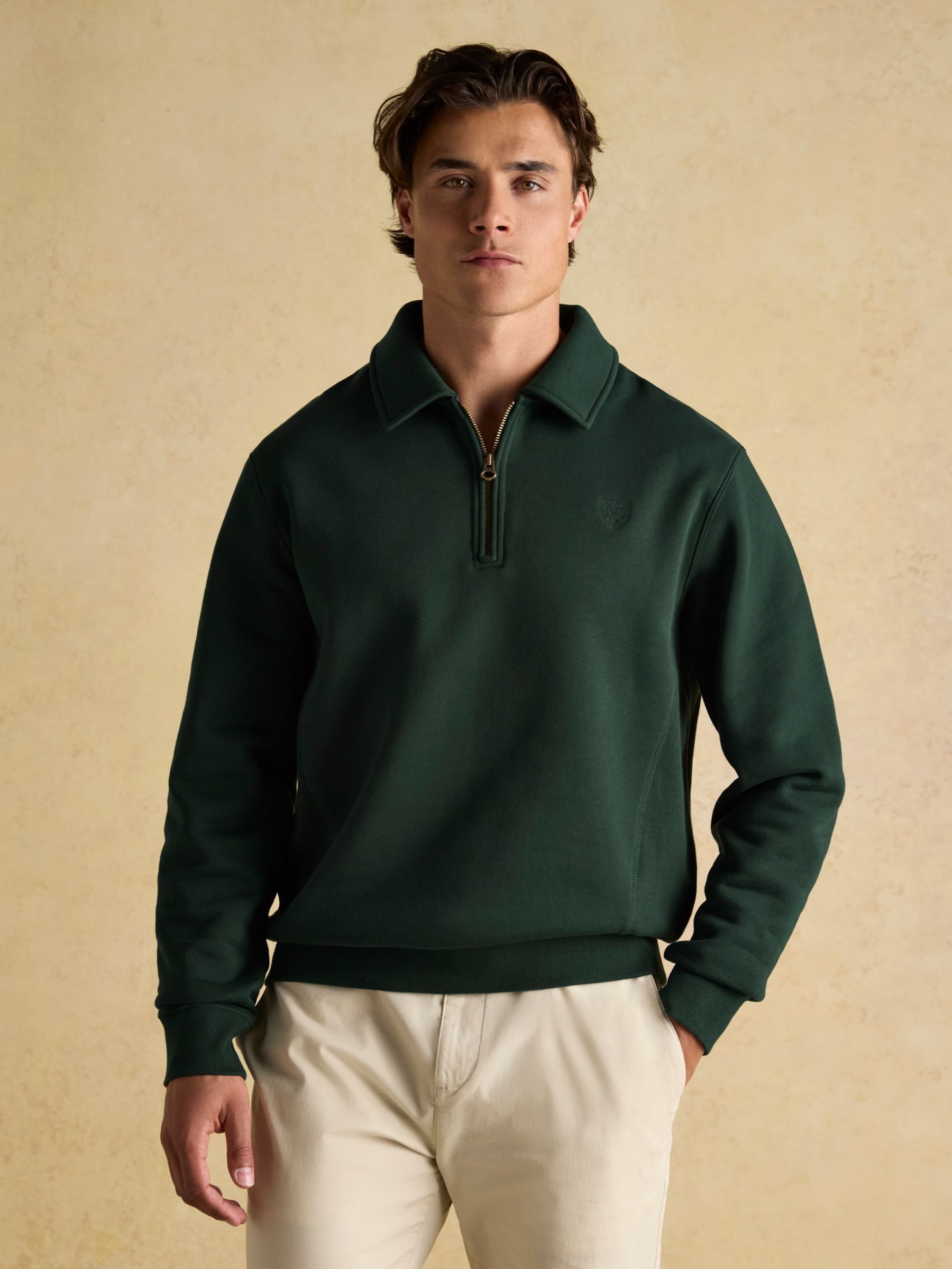 Green Brushed Cotton Collar Quarter Zip Sweatshirt - Image 1 of 9 Green Brushed Cotton Collar Quarter Zip Sweatshirt - Image 1 of 9