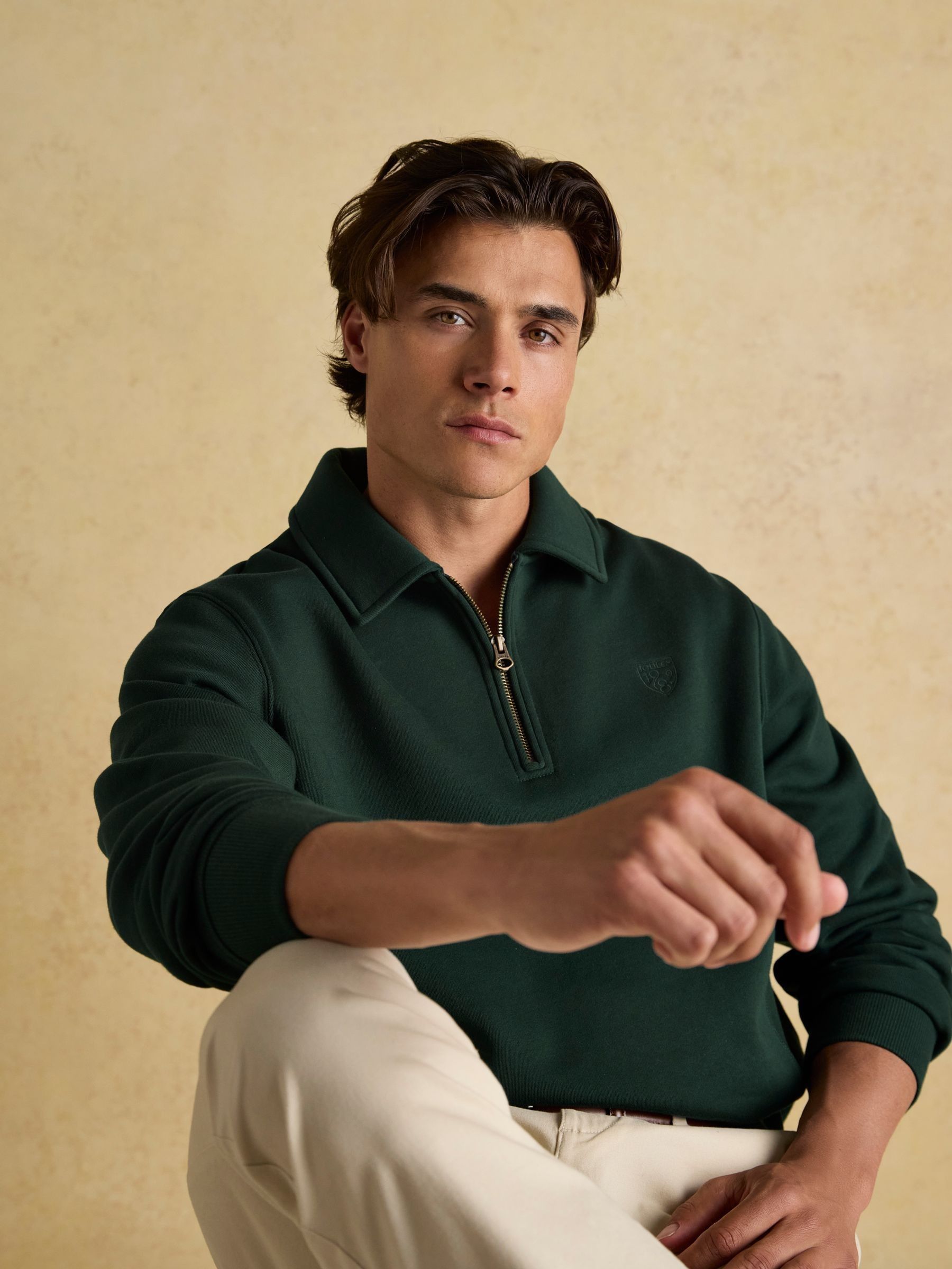 Green Brushed Cotton Collar Quarter Zip Sweatshirt - Image 3 of 9