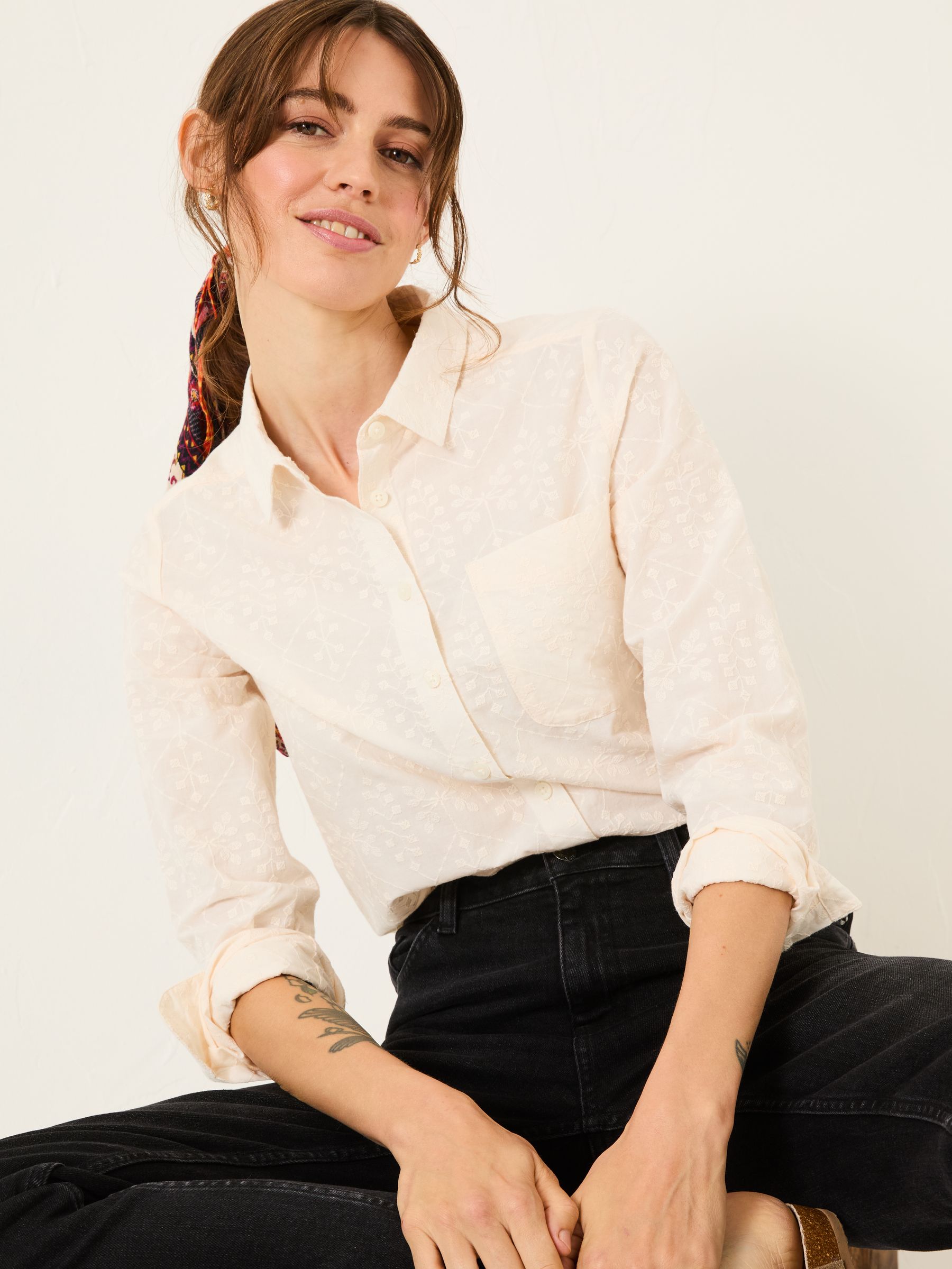 Olivia Ivory Embroidered 100% Cotton Long Sleeve Shirt - Image 4 of 8
