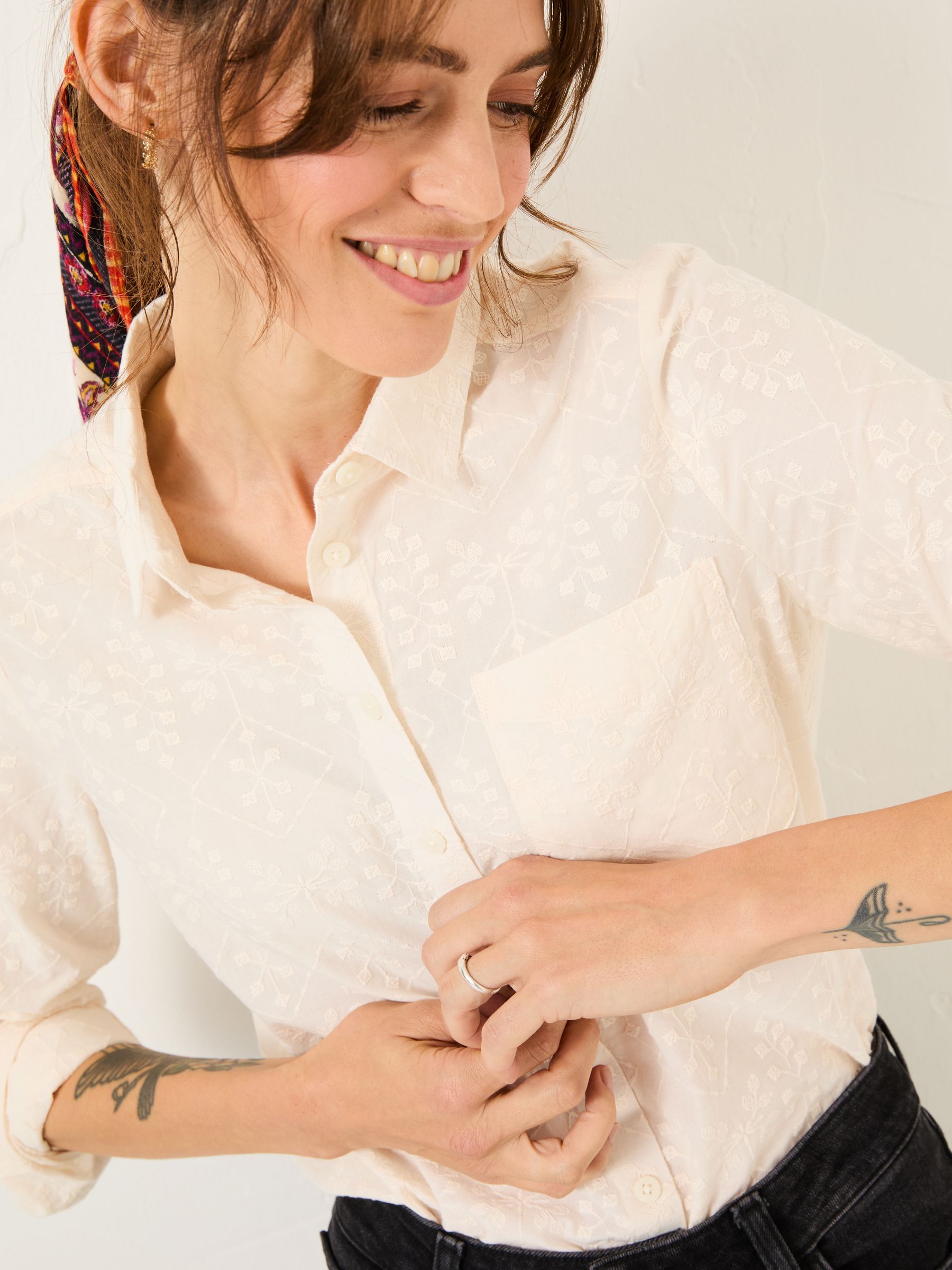 Olivia Ivory Embroidered 100% Cotton Long Sleeve Shirt - Image 5 of 8