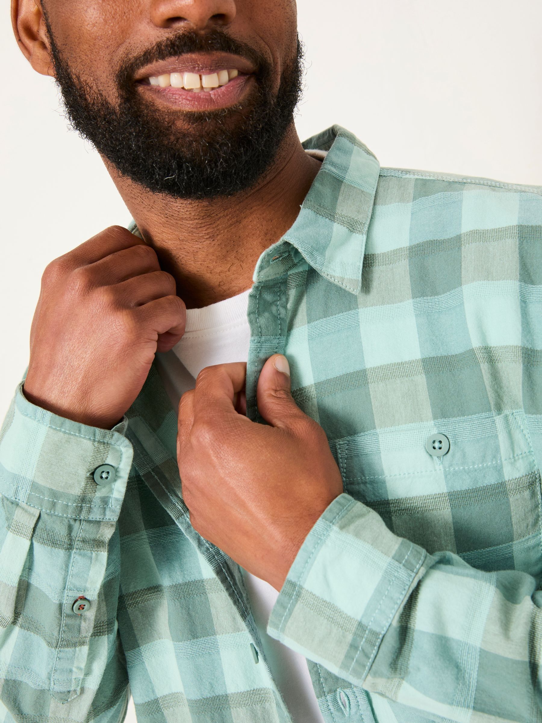 Brent Aqua Blue Long Sleeve Buffallo Overdye Check Shirt - Image 3 of 5