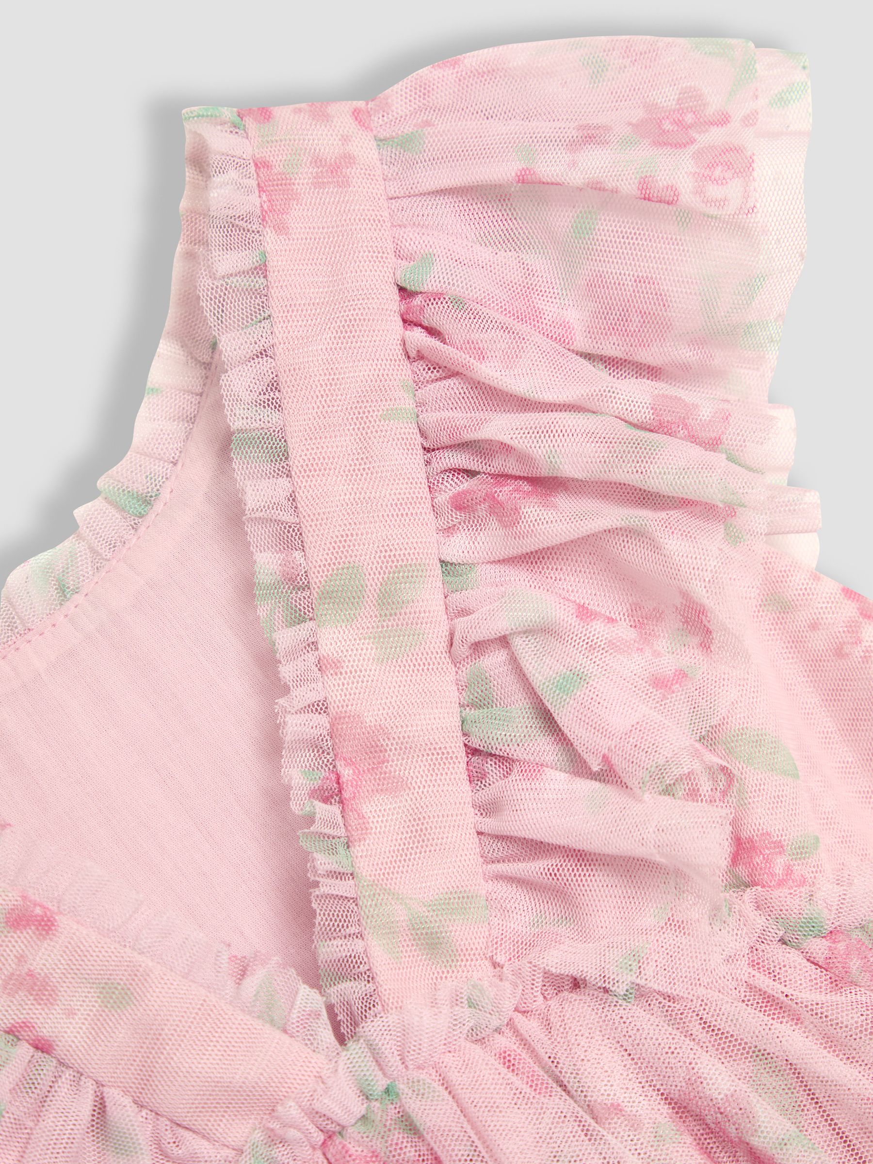 Pink Floral Floral Ruffle Shoulder Tiered Tulle Dress - Image 10 of 10