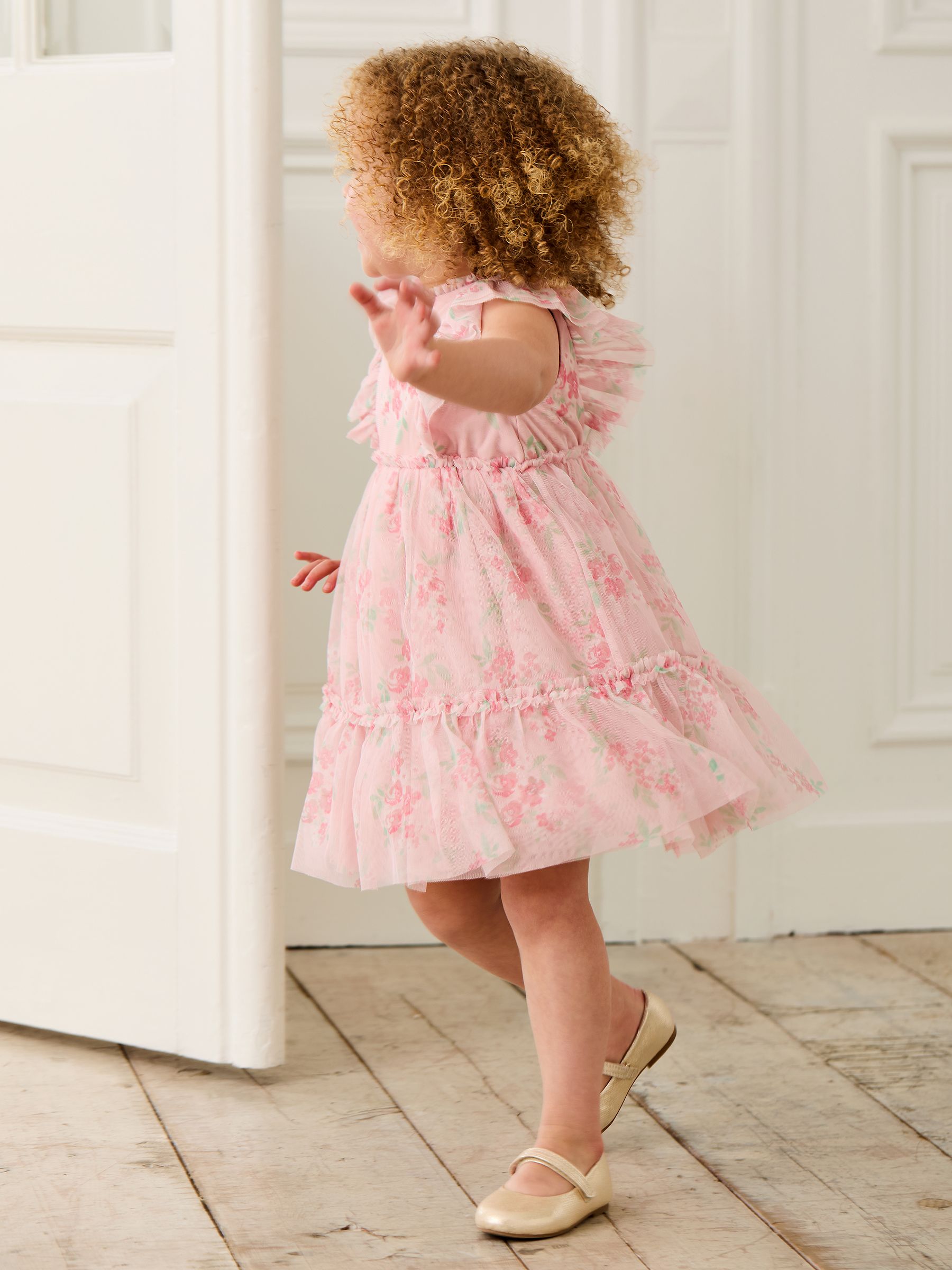 Pink Floral Floral Ruffle Shoulder Tiered Tulle Dress | JoJo Maman