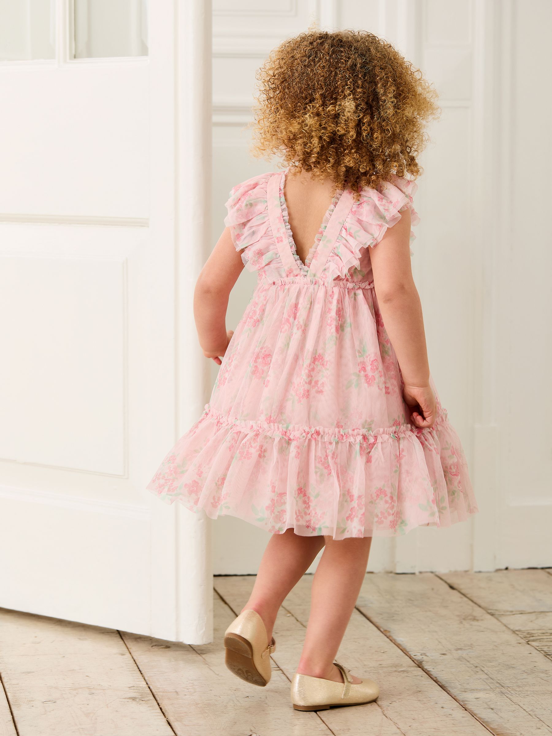 Pink Floral Floral Ruffle Shoulder Tiered Tulle Dress - Image 3 of 10