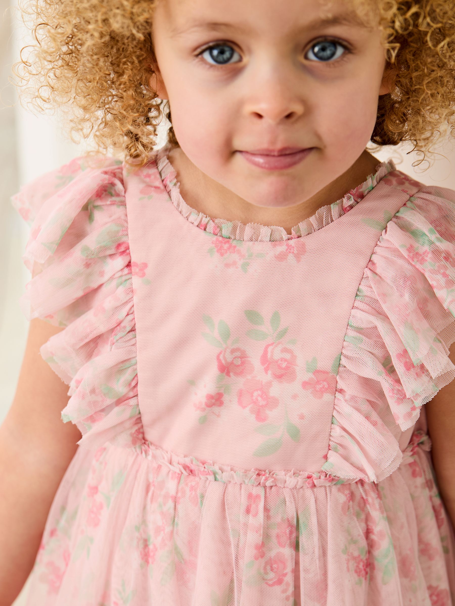 Pink Floral Floral Ruffle Shoulder Tiered Tulle Dress - Image 4 of 10