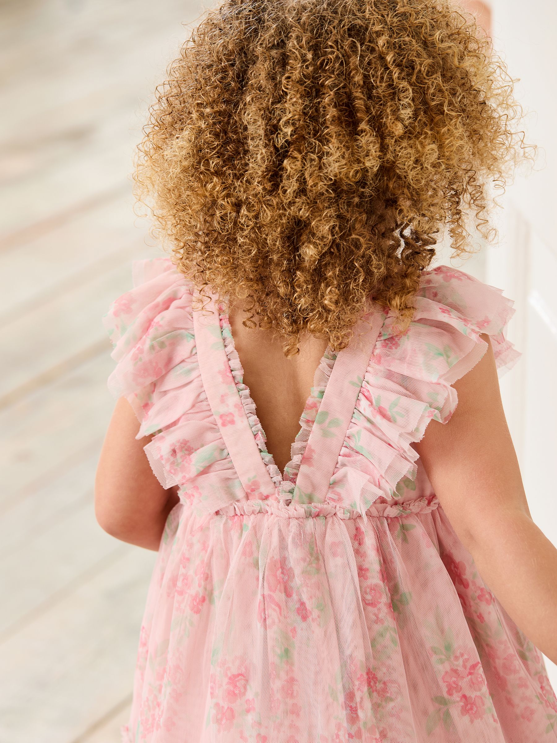 Pink Floral Floral Ruffle Shoulder Tiered Tulle Dress - Image 6 of 10