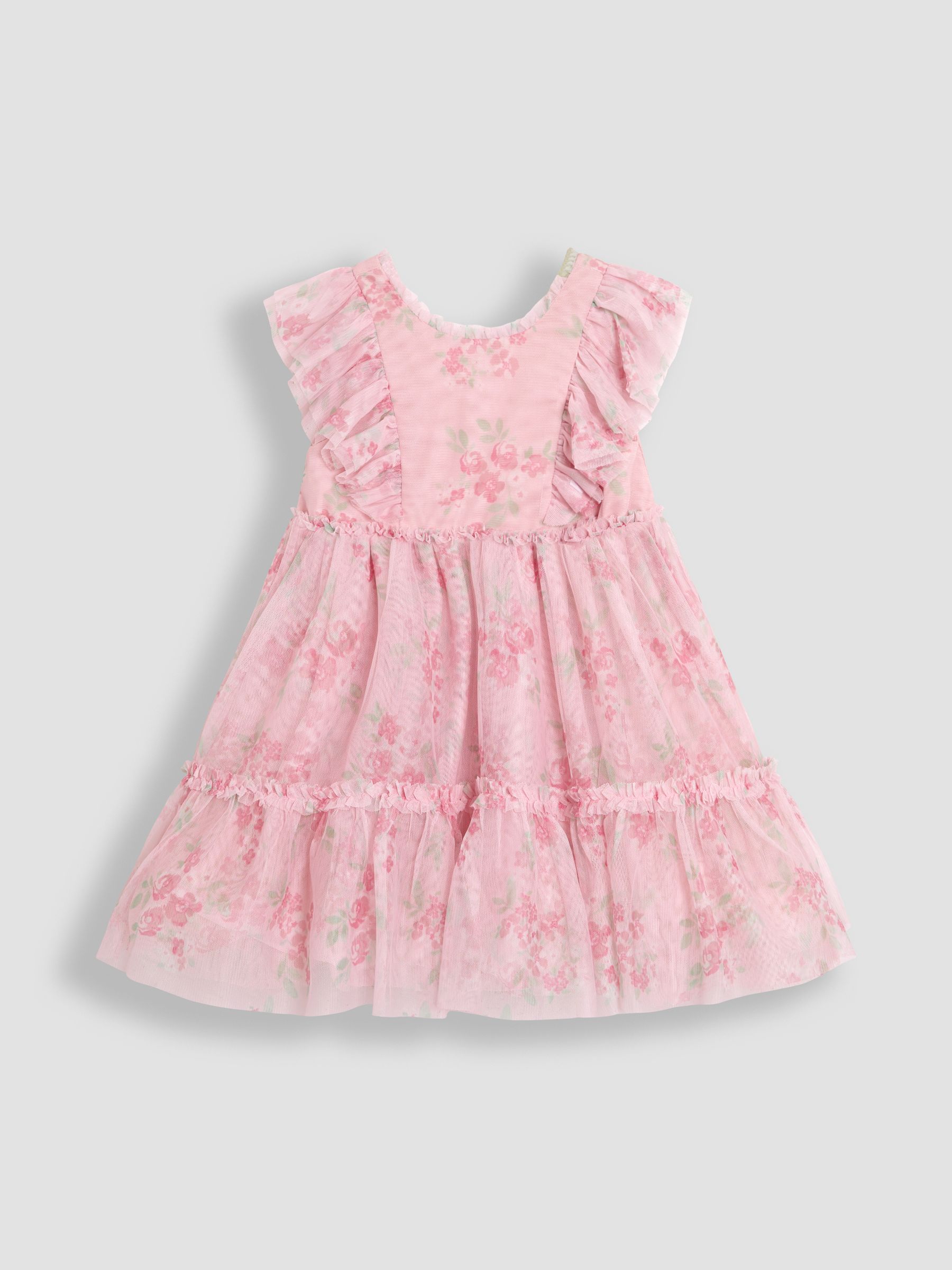 Pink Floral Floral Ruffle Shoulder Tiered Tulle Dress - Image 7 of 10