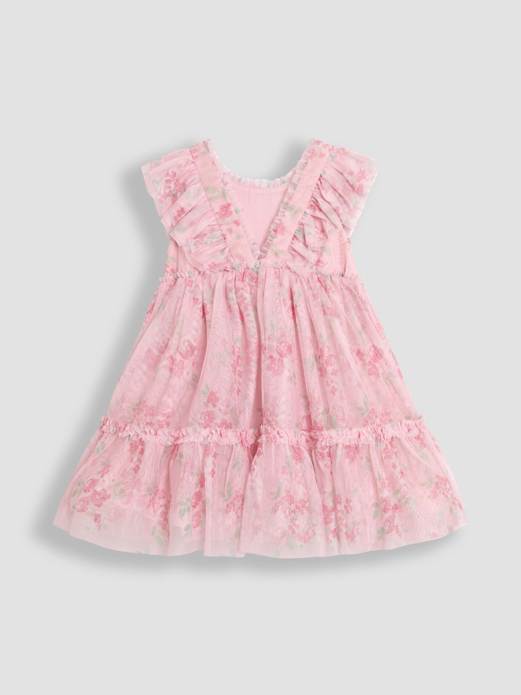 Pink Floral Floral Ruffle Shoulder Tiered Tulle Dress - Image 9 of 10