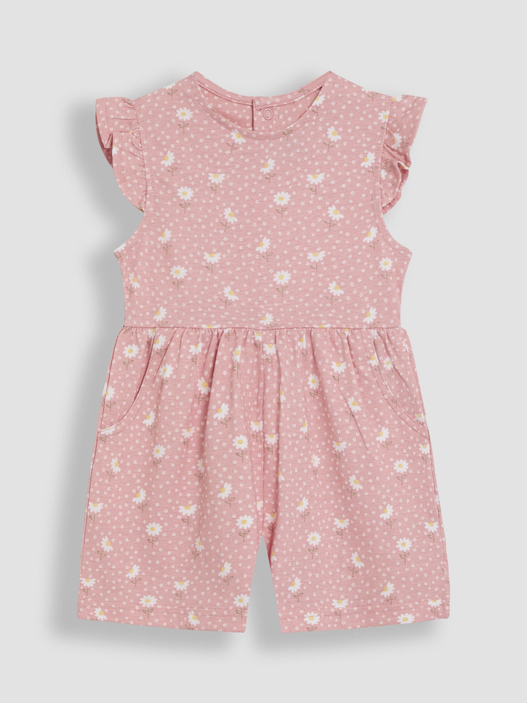 Pink Daisy Floral Ruffle Shoulder 100% Cotton Playsuit - Image 1 of 3