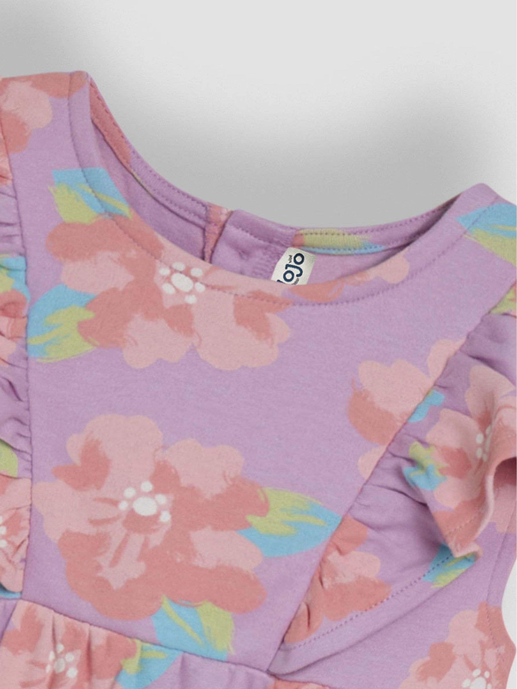 Lilac Purple Tropical Floral Frill Shoulder Summer Dress - Image 3 of 3