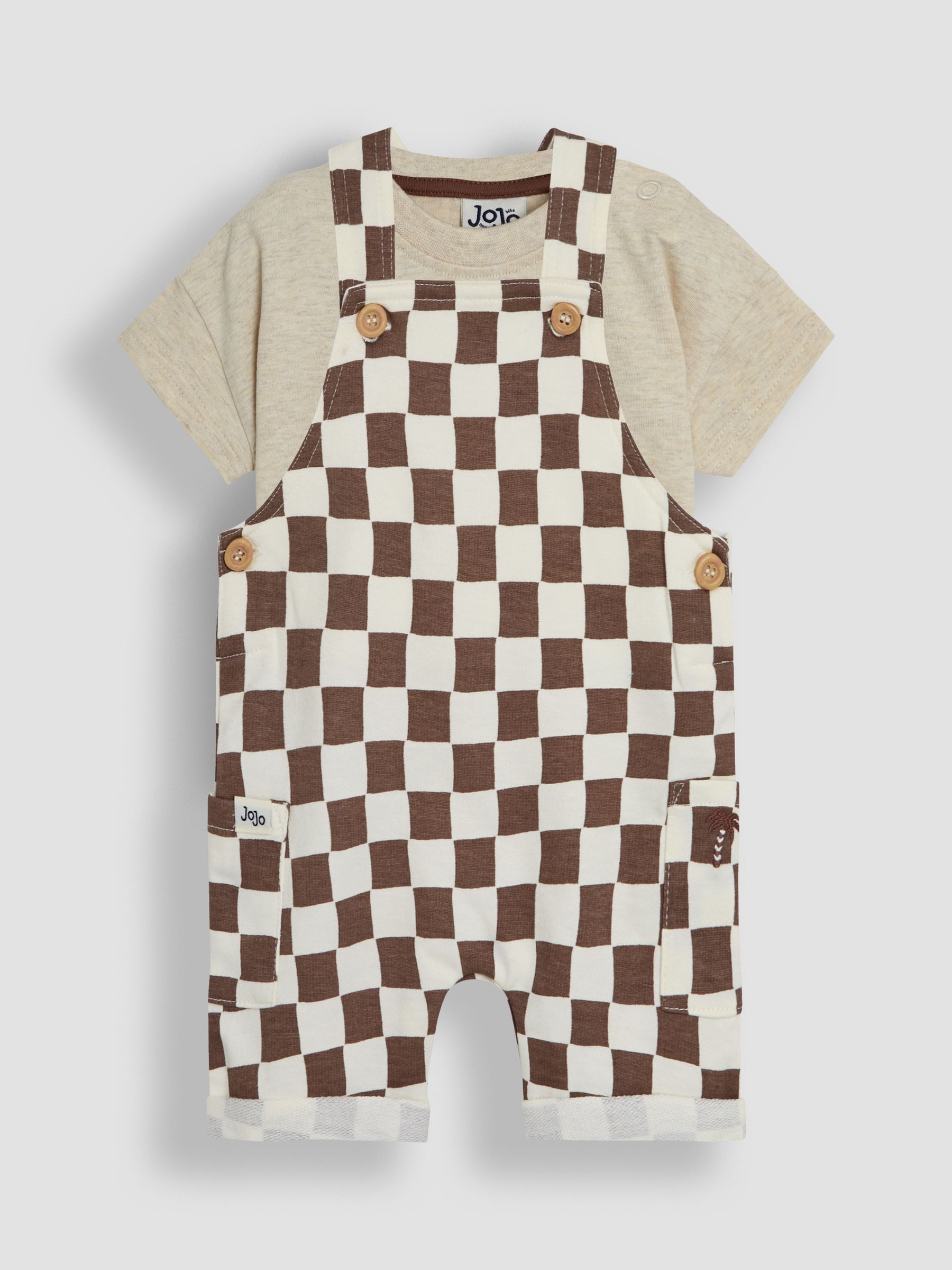 Stone 2-Piece Checkerboard Dungarees & T-Shirt Set - Image 1 of 7