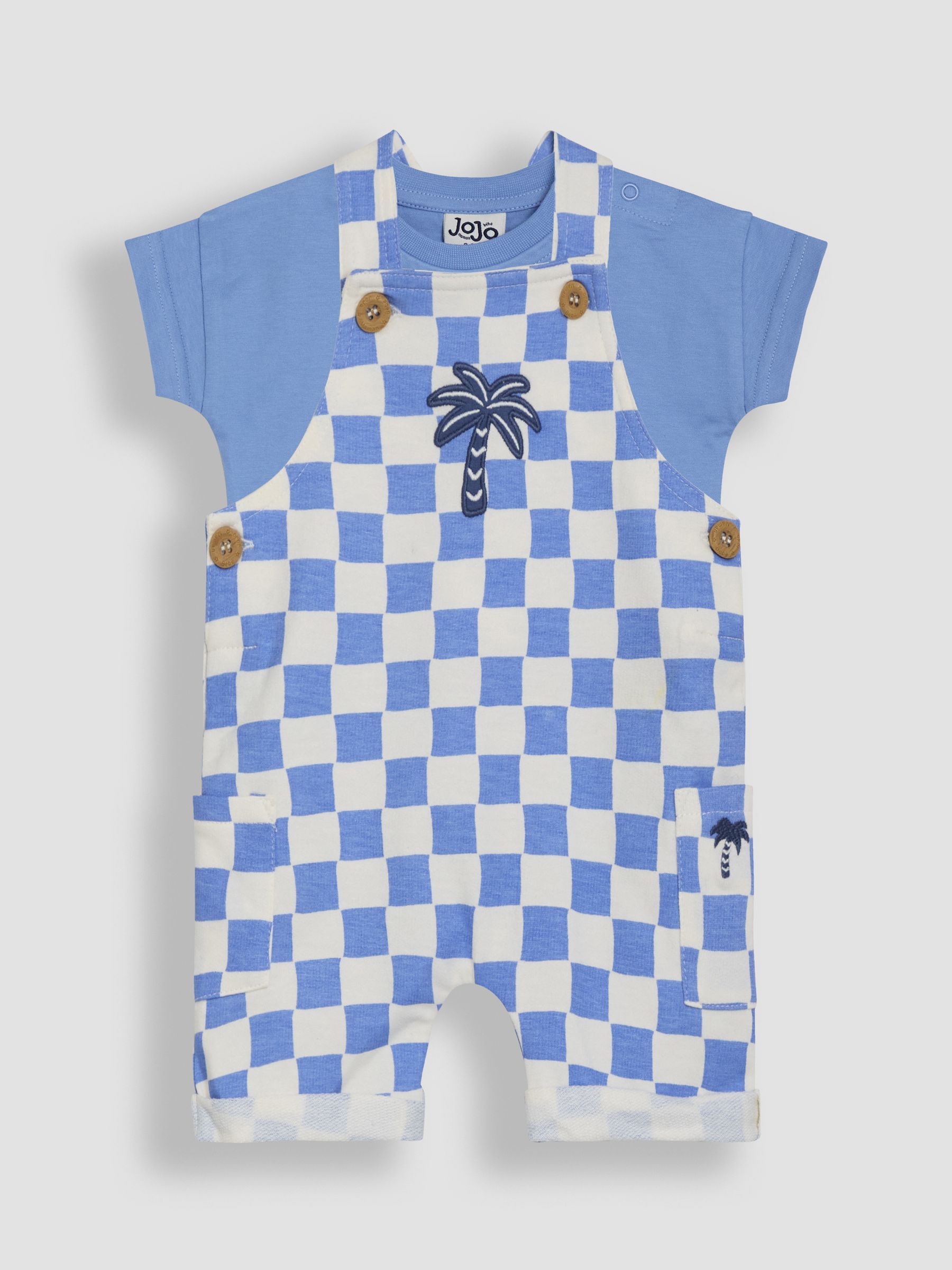 Blue 2-Piece Checkerboard Dungarees T-Shirt Set JoJo Maman
