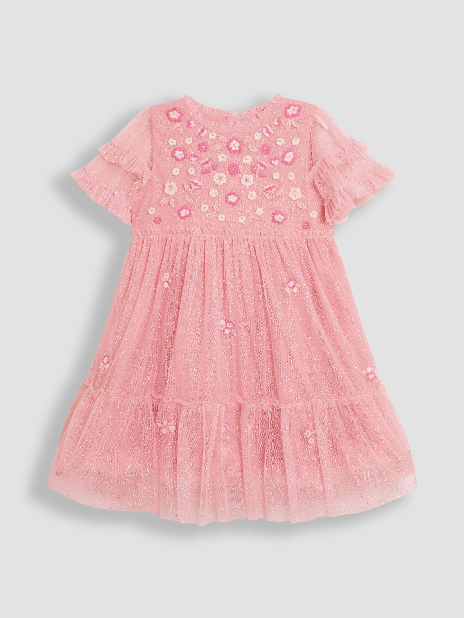 Pink Floral Embroidered Tiered Tulle Party Dress - Image 1 of 4