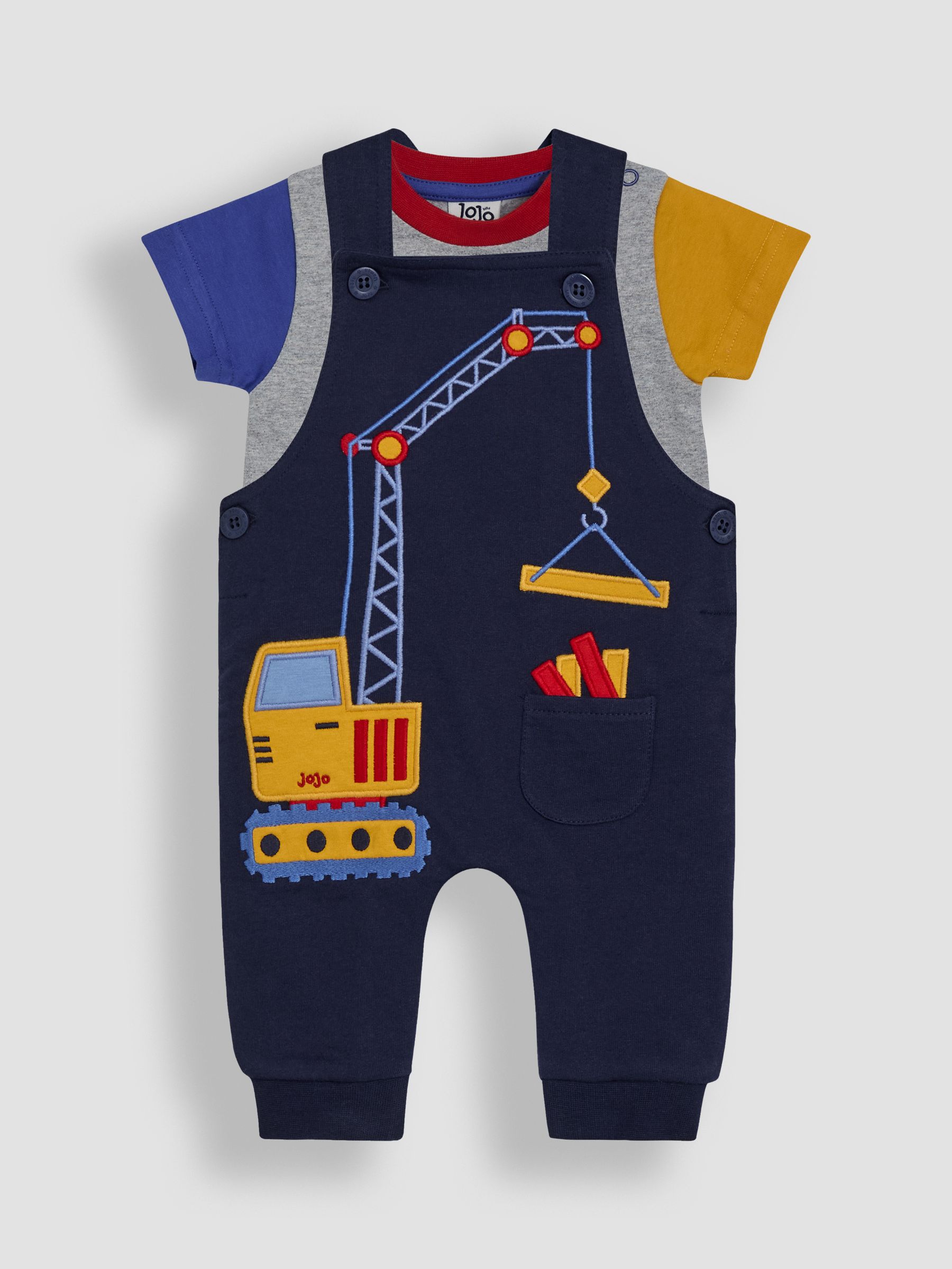 Navy Crane 2-Piece Appliqué Dungarees & T-Shirt Set - Image 1 of 6