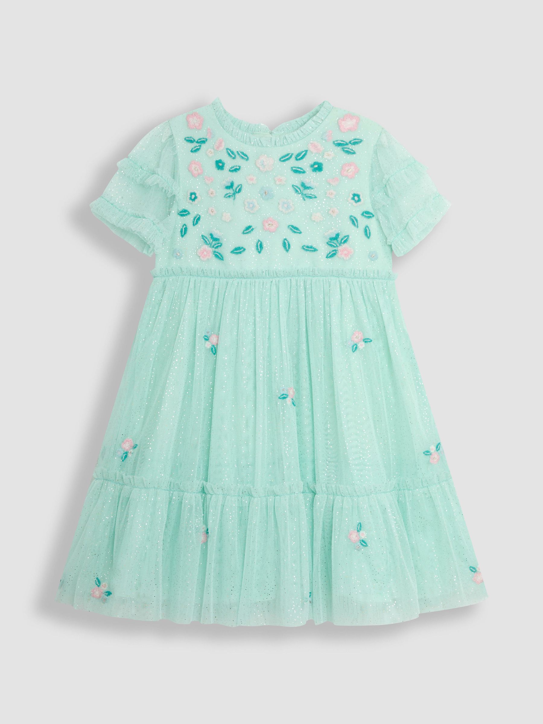 Mint Green Floral Embroidered Tiered Tulle Party Dress - Image 1 of 3