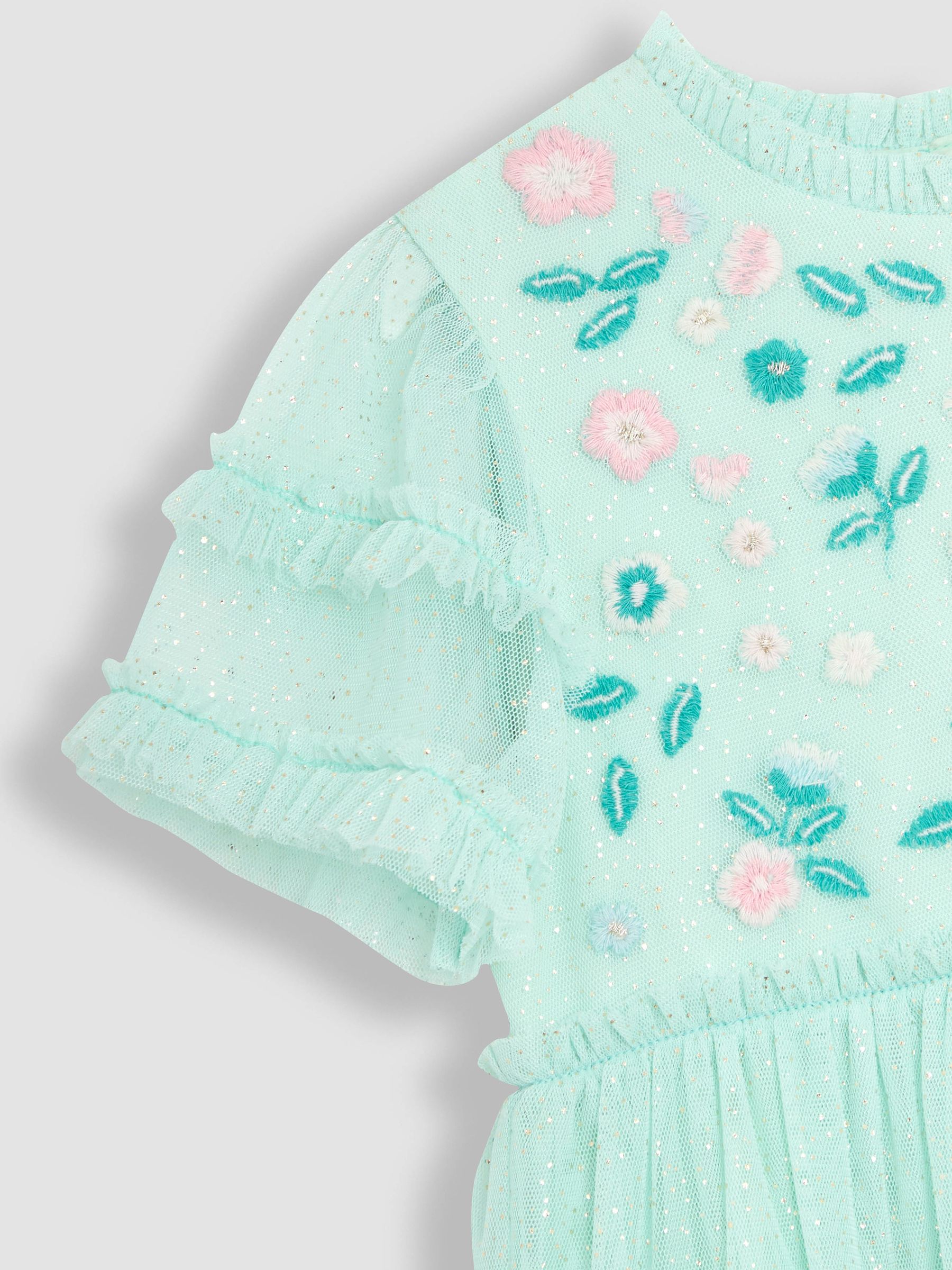 Mint Green Floral Embroidered Tiered Tulle Party Dress - Image 3 of 3