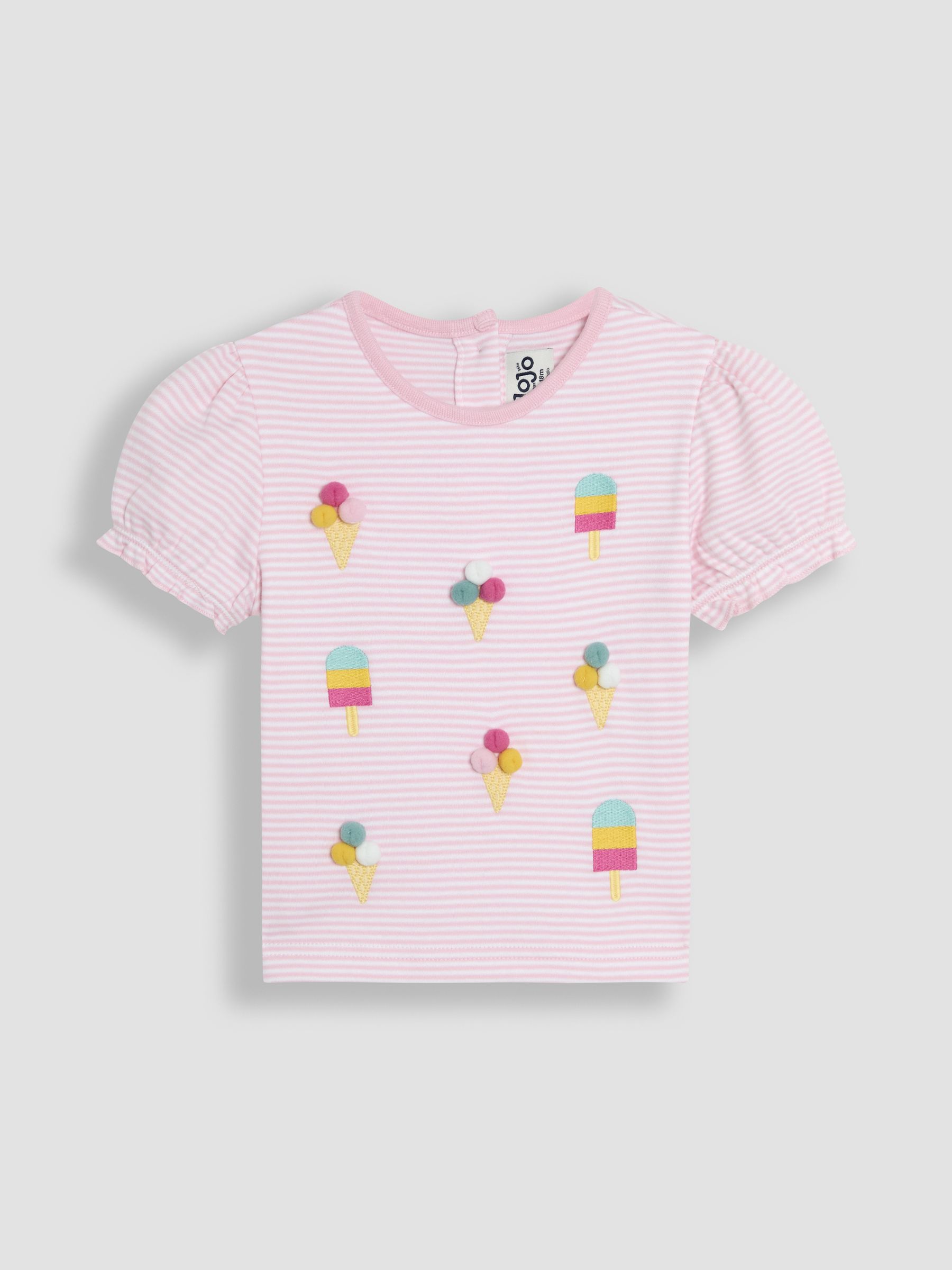 Pink Ice Cream Embroidered Puff Sleeve Pom-Pom T-Shirt - Image 1 of 3