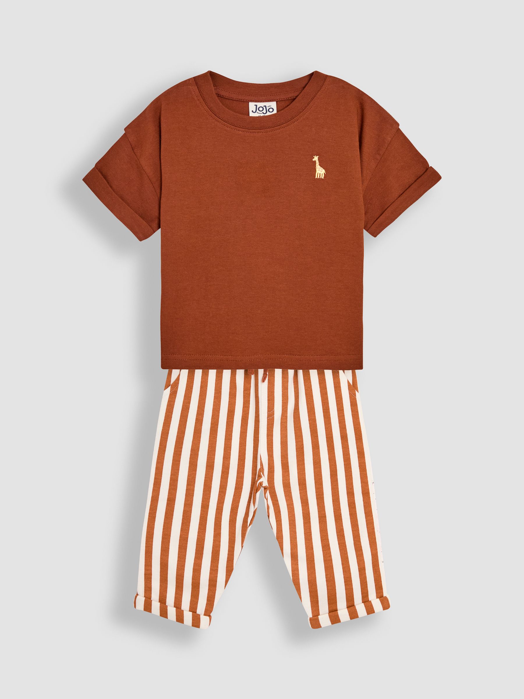 Brown Giraffe Print 100% Cotton T-Shirt & Stripe Joggers Set 2 Piece - Image 1 of 10