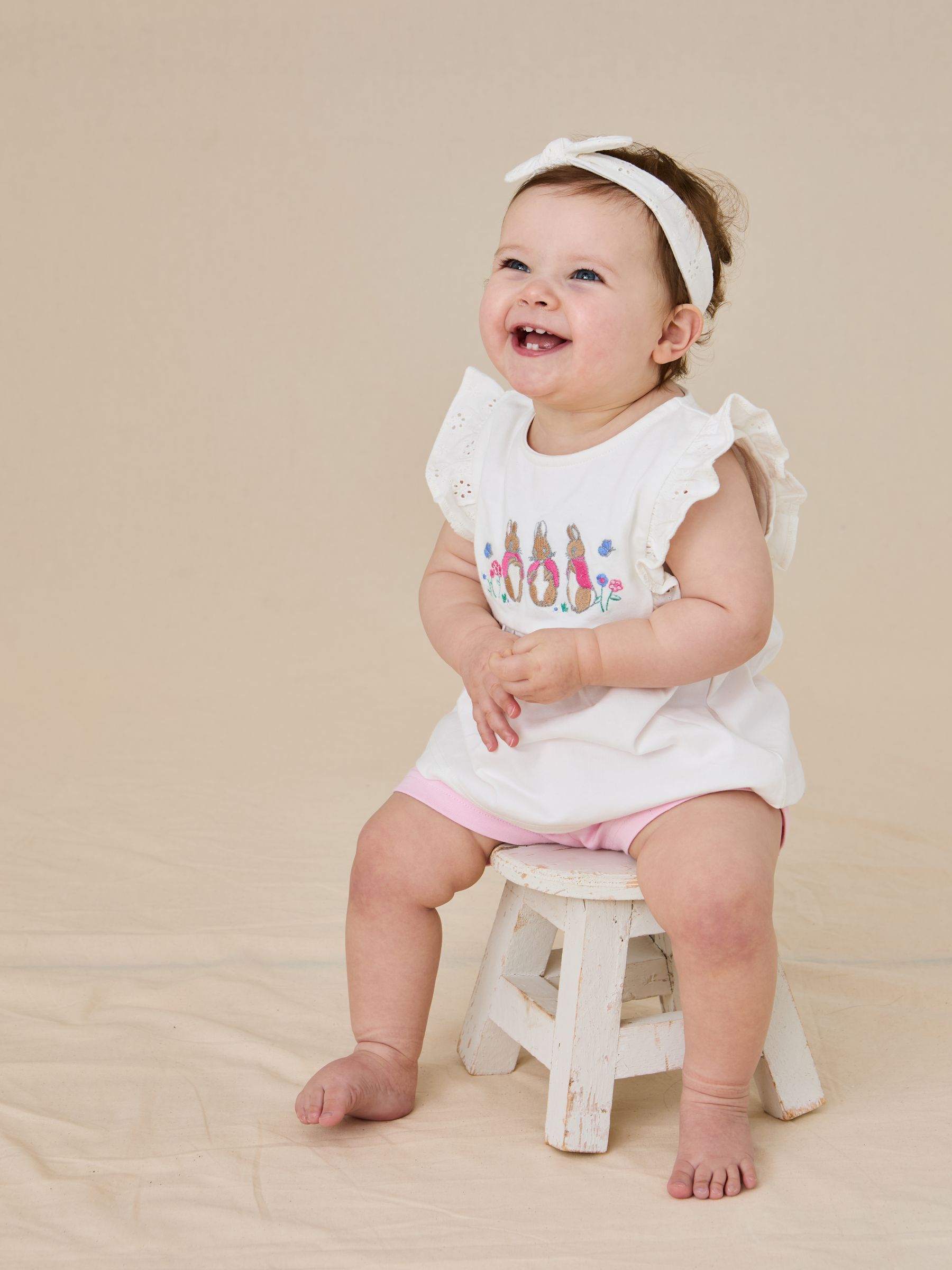 Pink Embroidered Flopsy Bunny Frill Broderie 100% Cotton Romper - Image 1 of 8