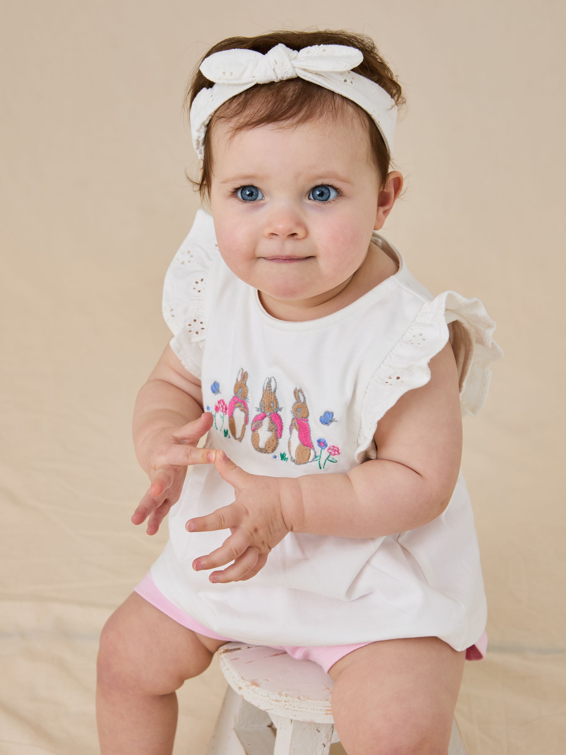 Pink Embroidered Flopsy Bunny Frill Broderie 100% Cotton Romper - Image 2 of 8