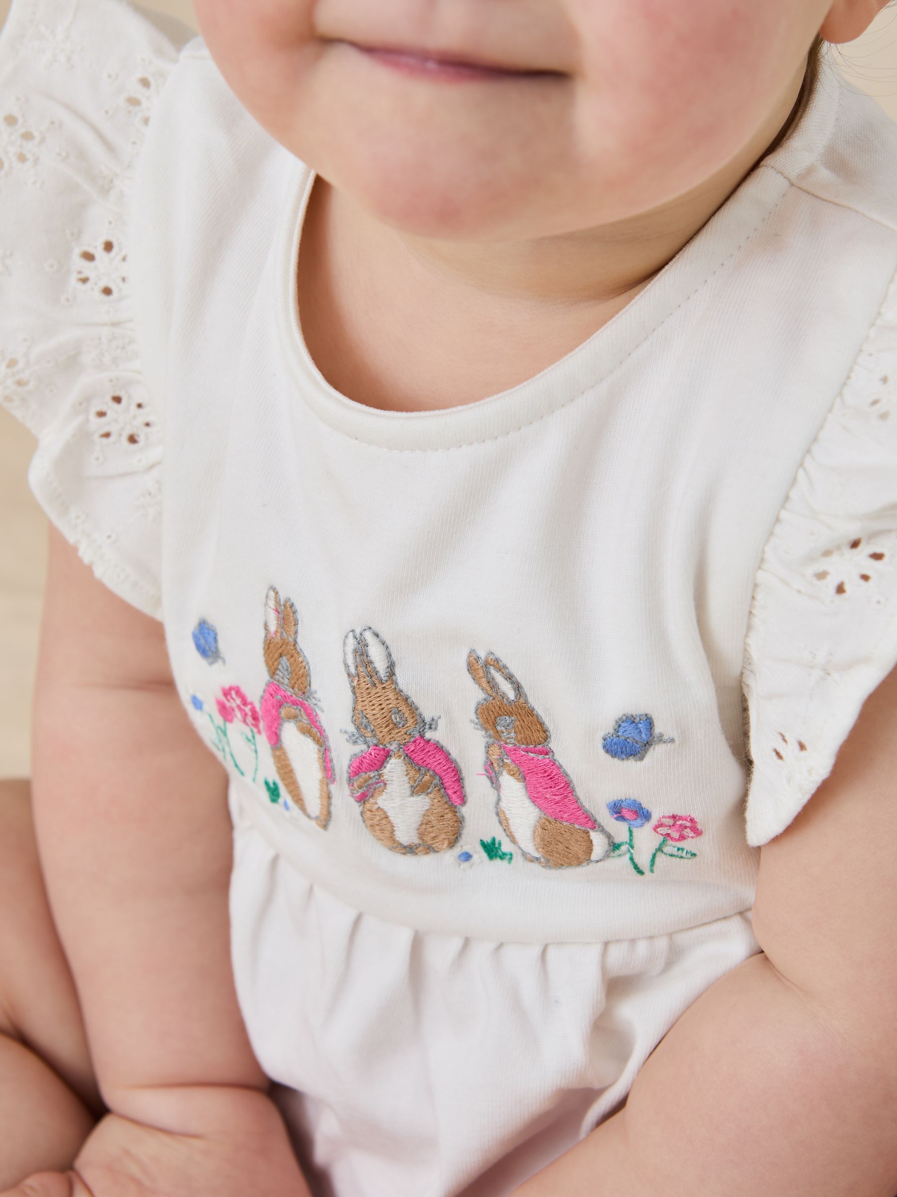 Pink Embroidered Flopsy Bunny Frill Broderie 100% Cotton Romper - Image 3 of 8